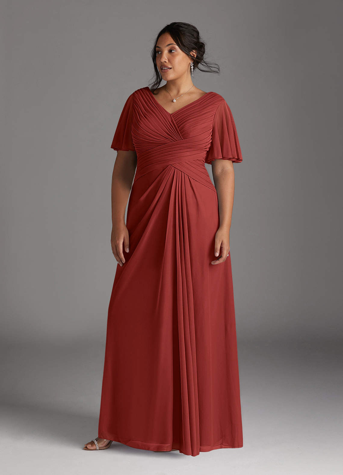 Azazie Emmeline Mother of the Bride Dresses Rust A-Line V-Neck Pleated Mesh Dress image1