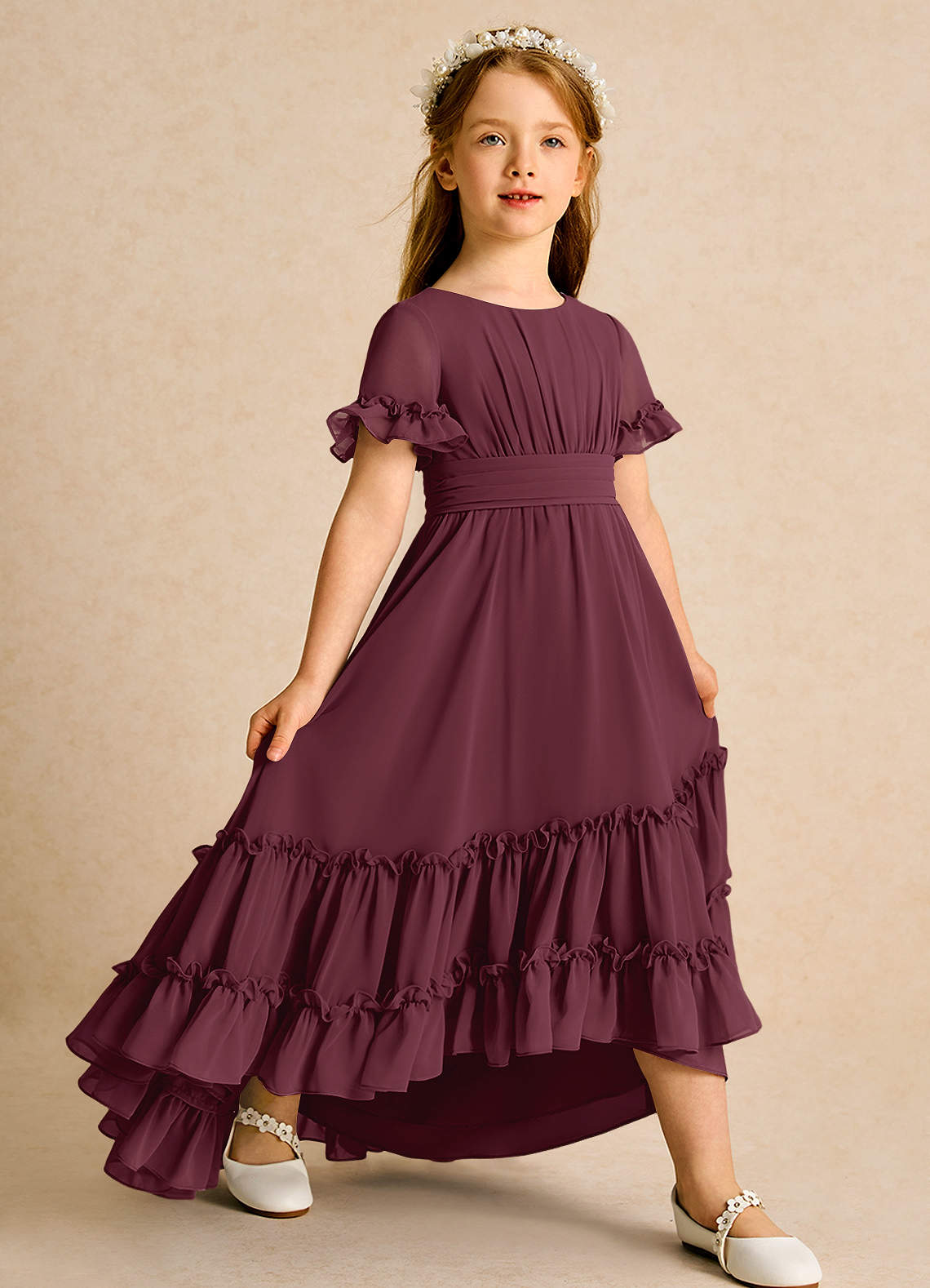 Azazie Kass Flower Girl Dresses Cabernet A-Line Pleated Chiffon Dress image1