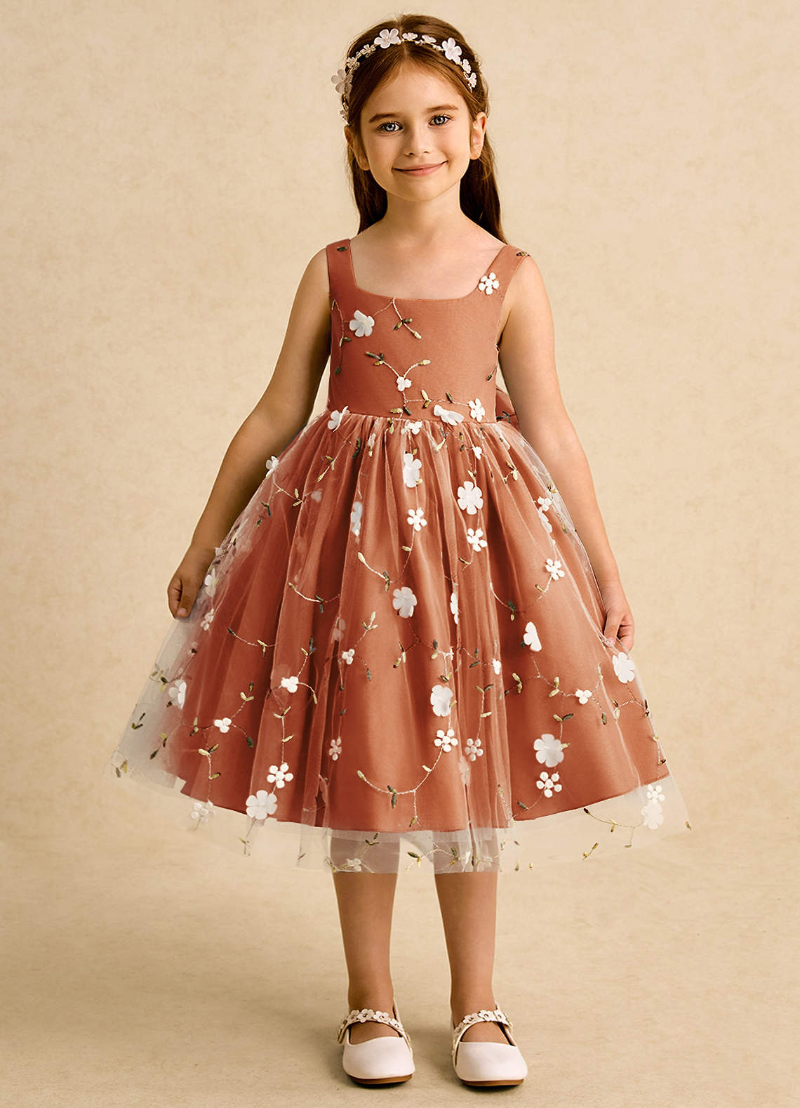 Azazie Bean Flower Girl Dresses Cinnamon Ball-Gown Sleeveless Tulle Dress image1