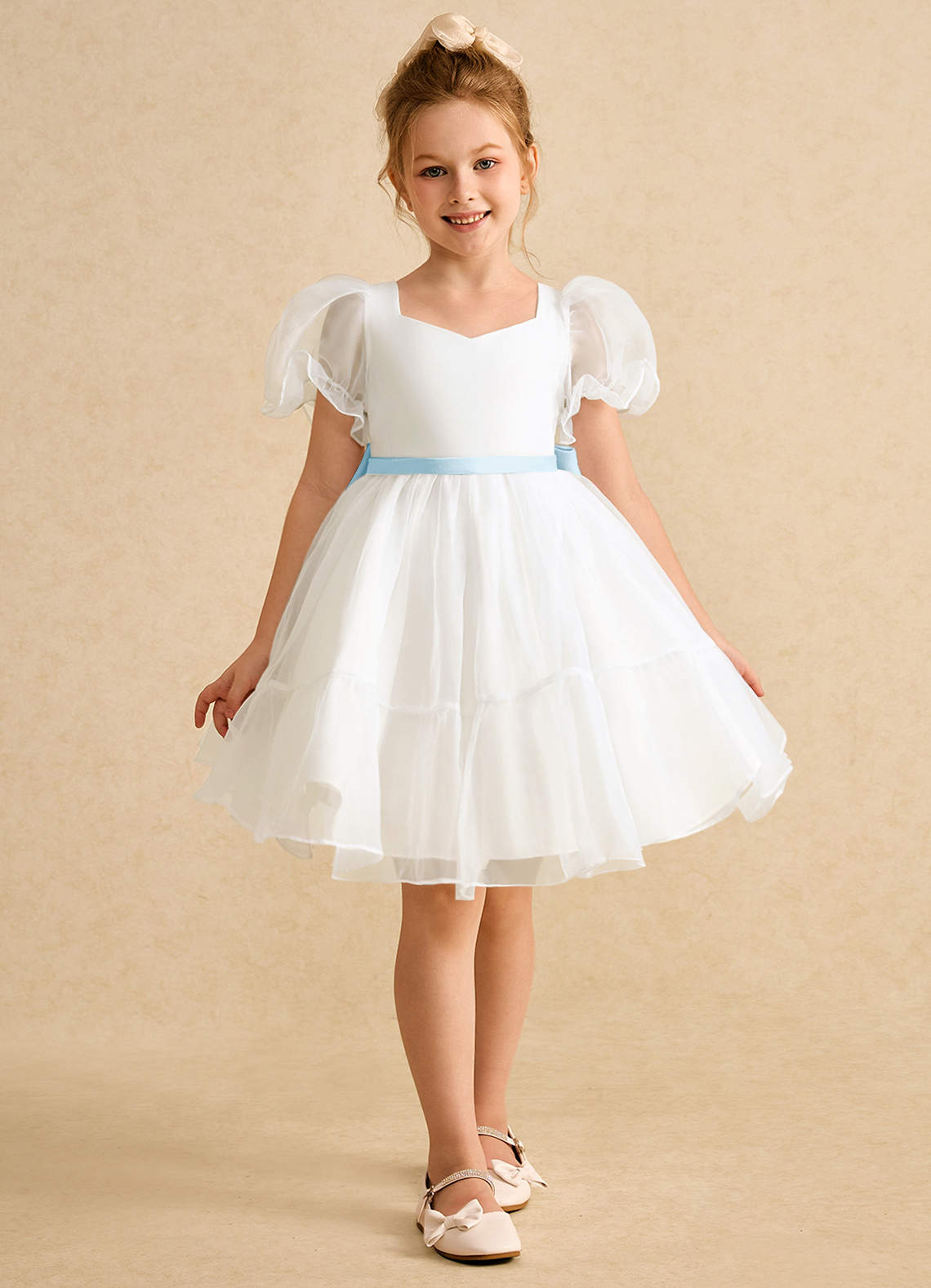 Azazie Debbie vestidos de niña de las flores Vestido de Marfil Azul Cielo de Organza de Princesa con Escote de Corazón image7