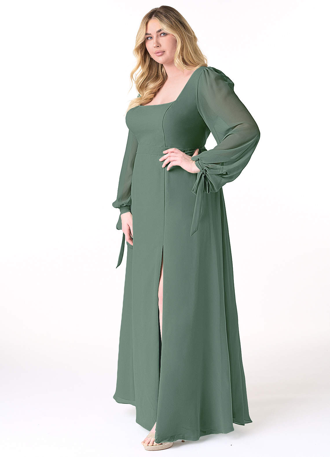 Azazie Leonia Bridesmaid Dresses Eucalyptus A-Line Long Sleeve Chiffon Dress image9
