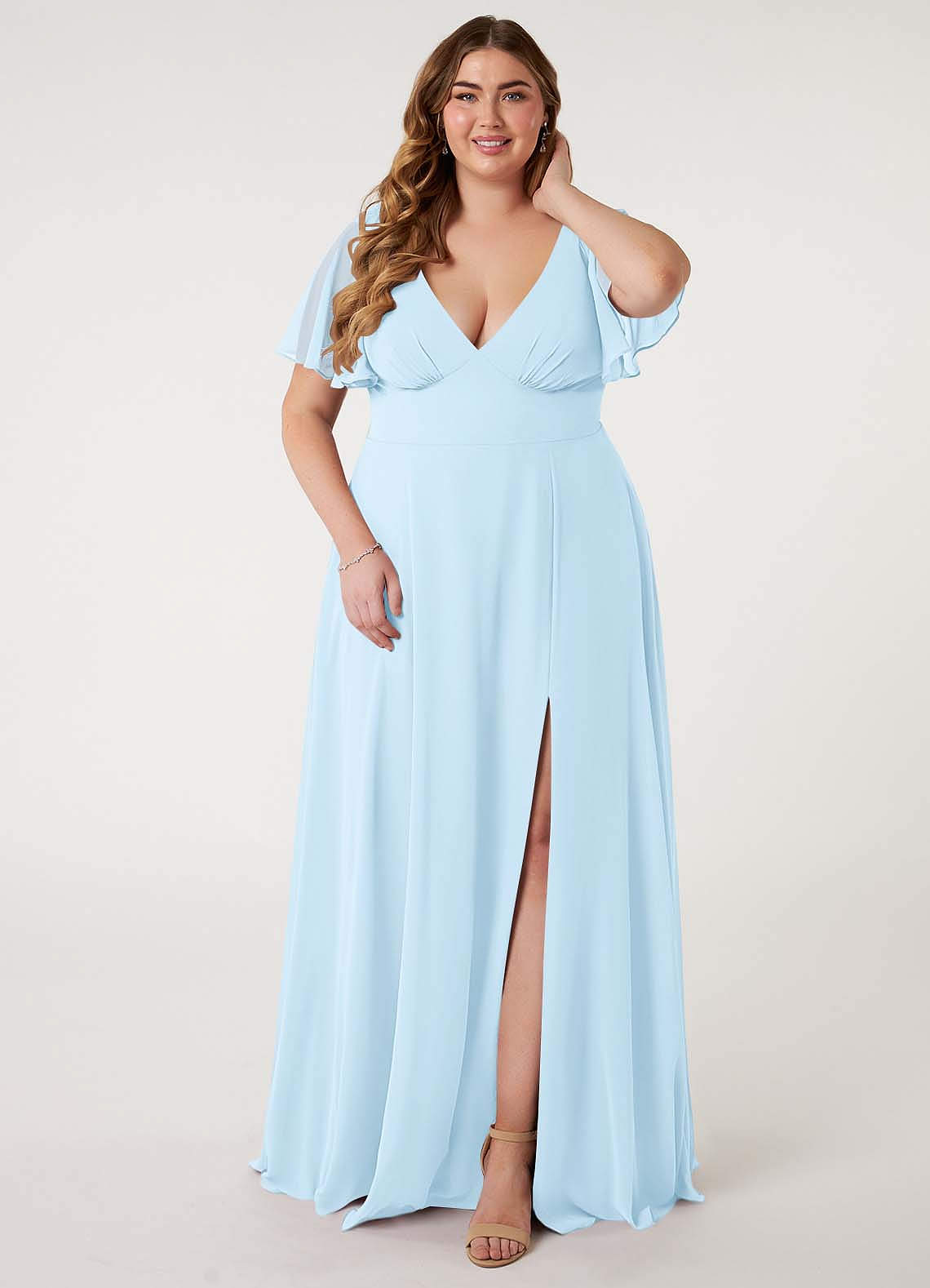 Azazie Kimber Bridesmaid Dresses Sky Blue A-Line Flounce Sleeve Chiffon Dress image1