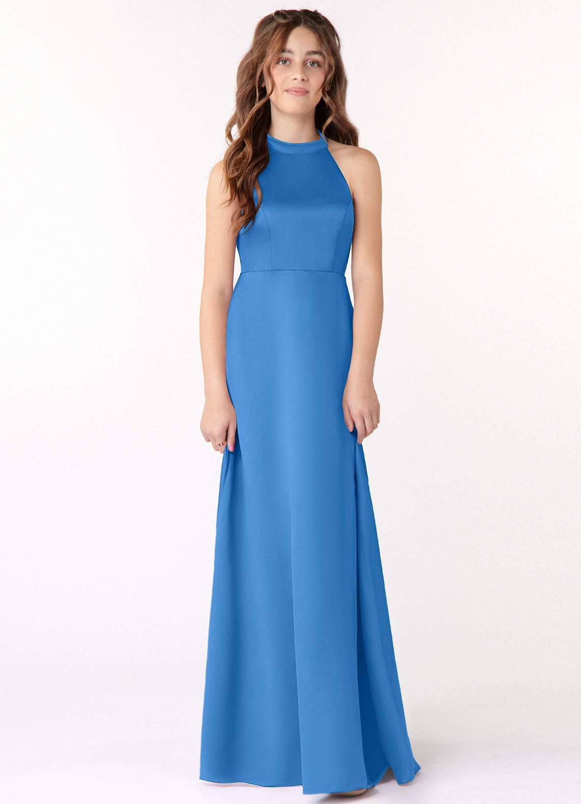 Azazie Laurel Junior Robe Trapèze en Mat Satiné Geai Bleu image1