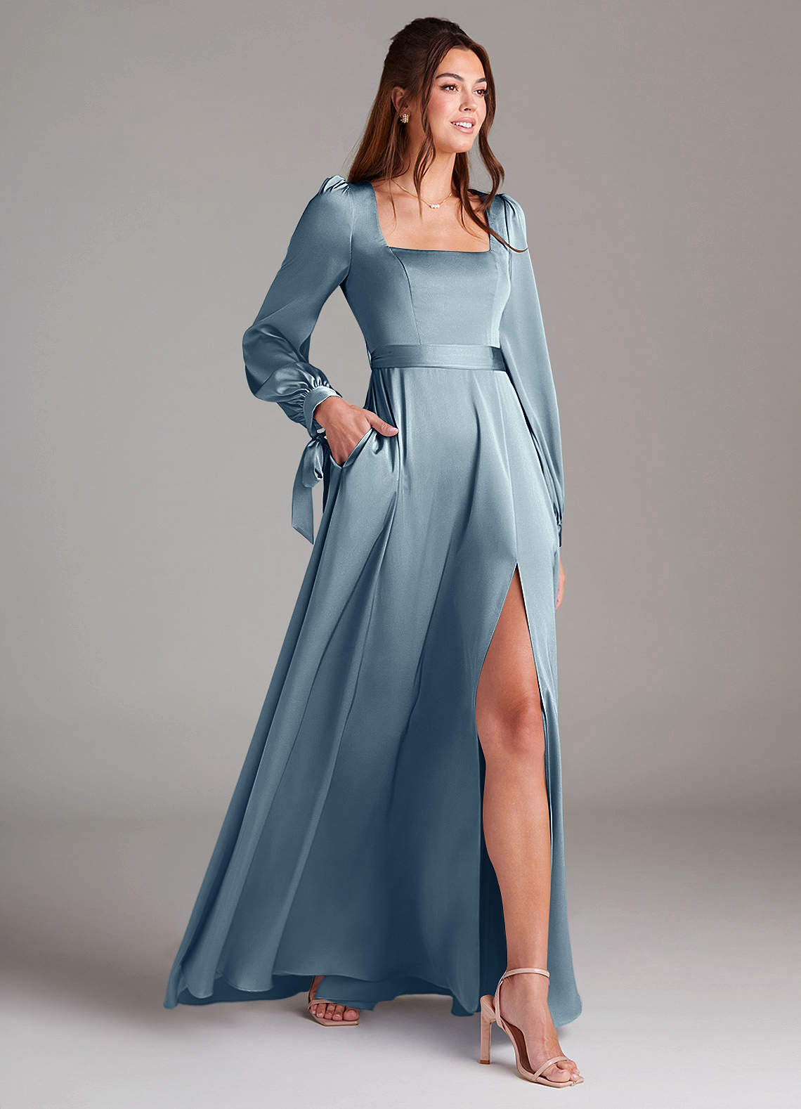 Azazie Leonia Suknie dla druhen Linia A Długi rękaw Satyna elastyczna Do ziemi Sukienka image3