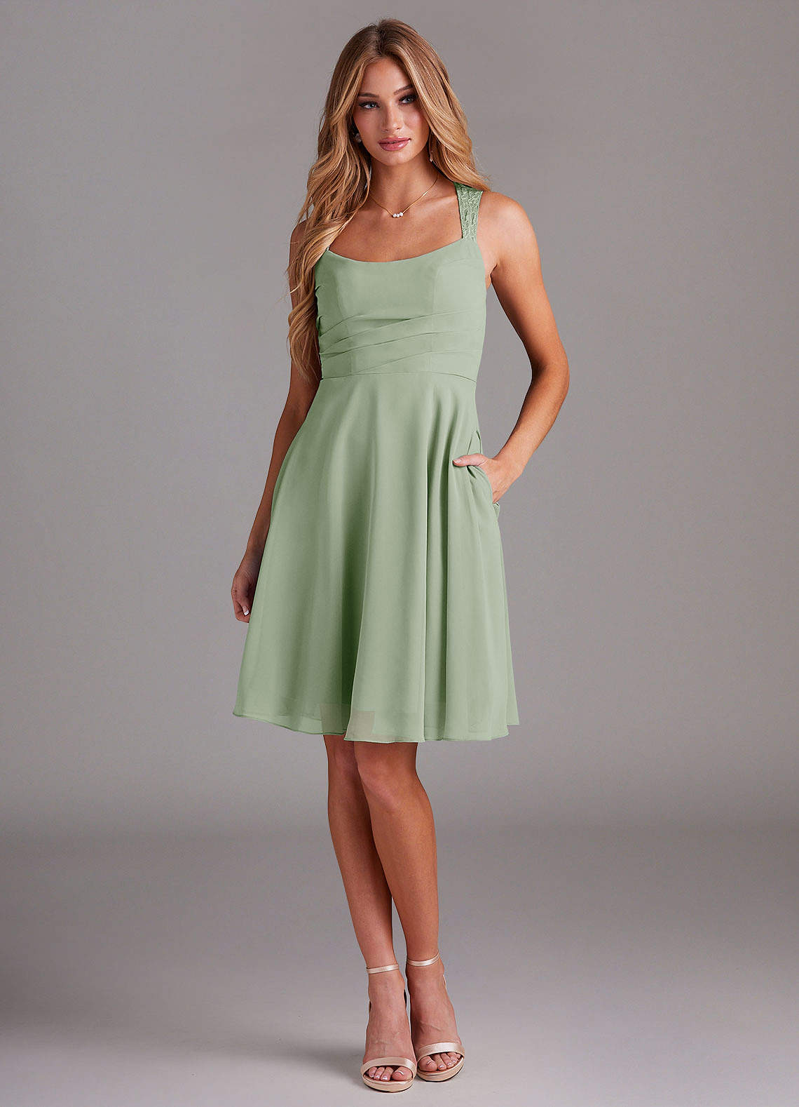 Azazie Vina Bridesmaid Dresses Dusty Sage A-Line Lace Chiffon Dress image1