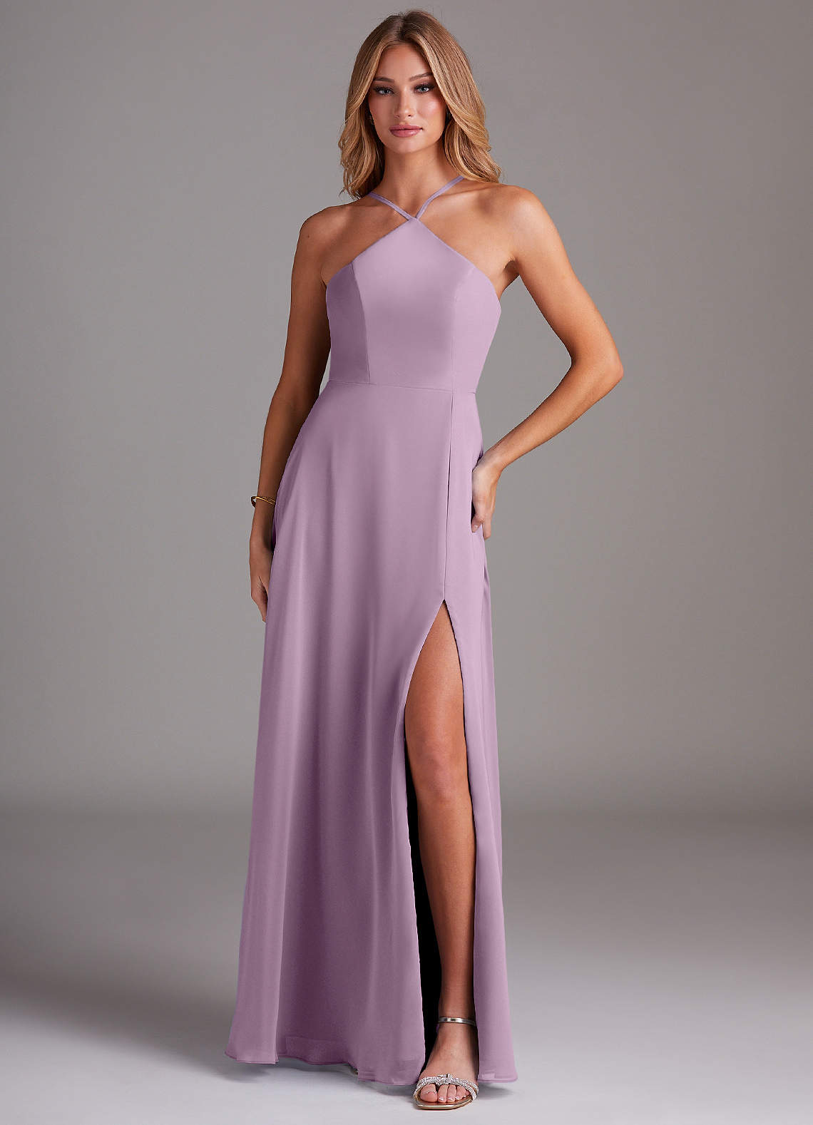 Azazie Bailey Bridesmaid Dresses Wisteria A-Line Halter Side Slit Chiffon Dress image1