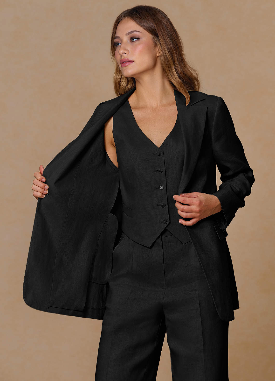 front Belicia 검은색 100% 린넨 블레이저