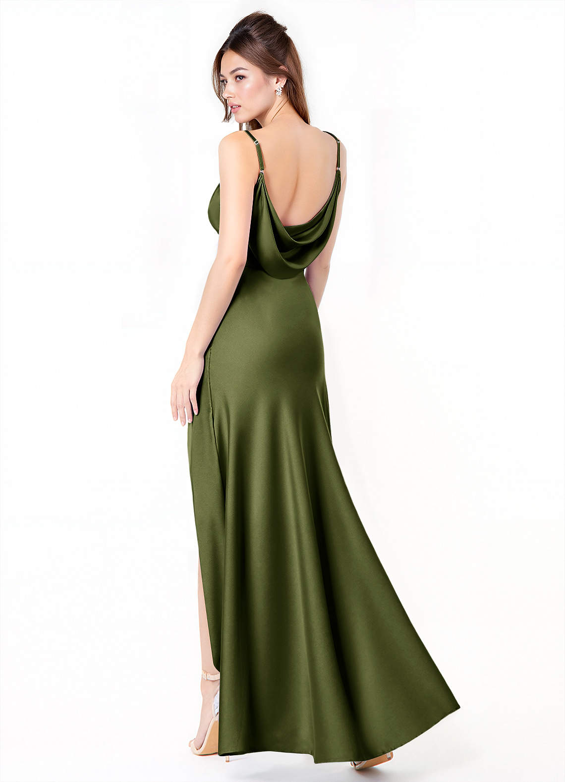 Azazie Alaija Bridesmaid Dresses Olive Mermaid Side Slit Stretch Satin Dress image1