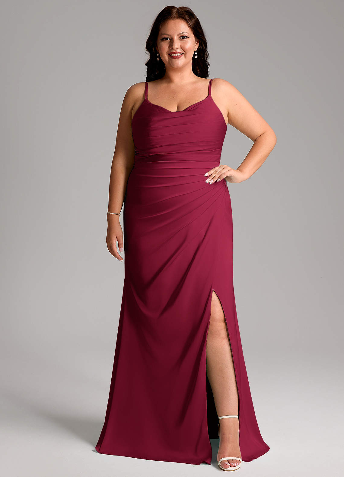 Azazie Deandra Bridesmaid Dresses Burgundy Mermaid Pleated Stretch Satin Dress image1