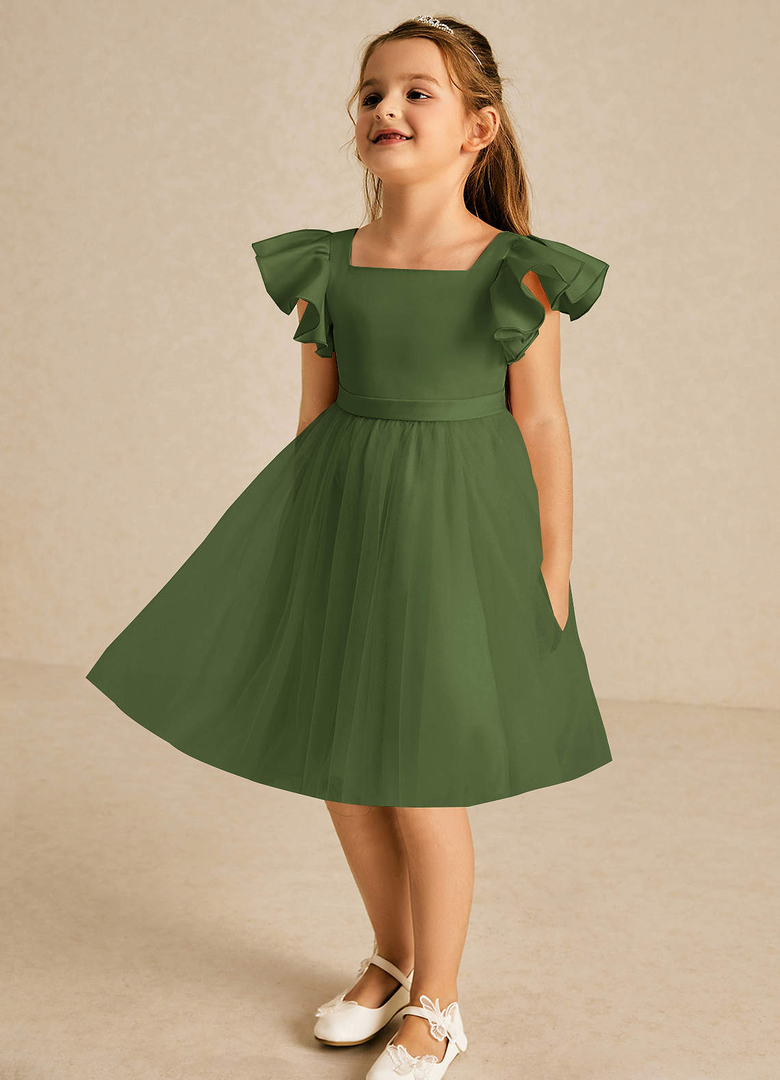 Azazie Kaeya Flower Girl Dresses Olive A-Line Bow Tulle Dress image3
