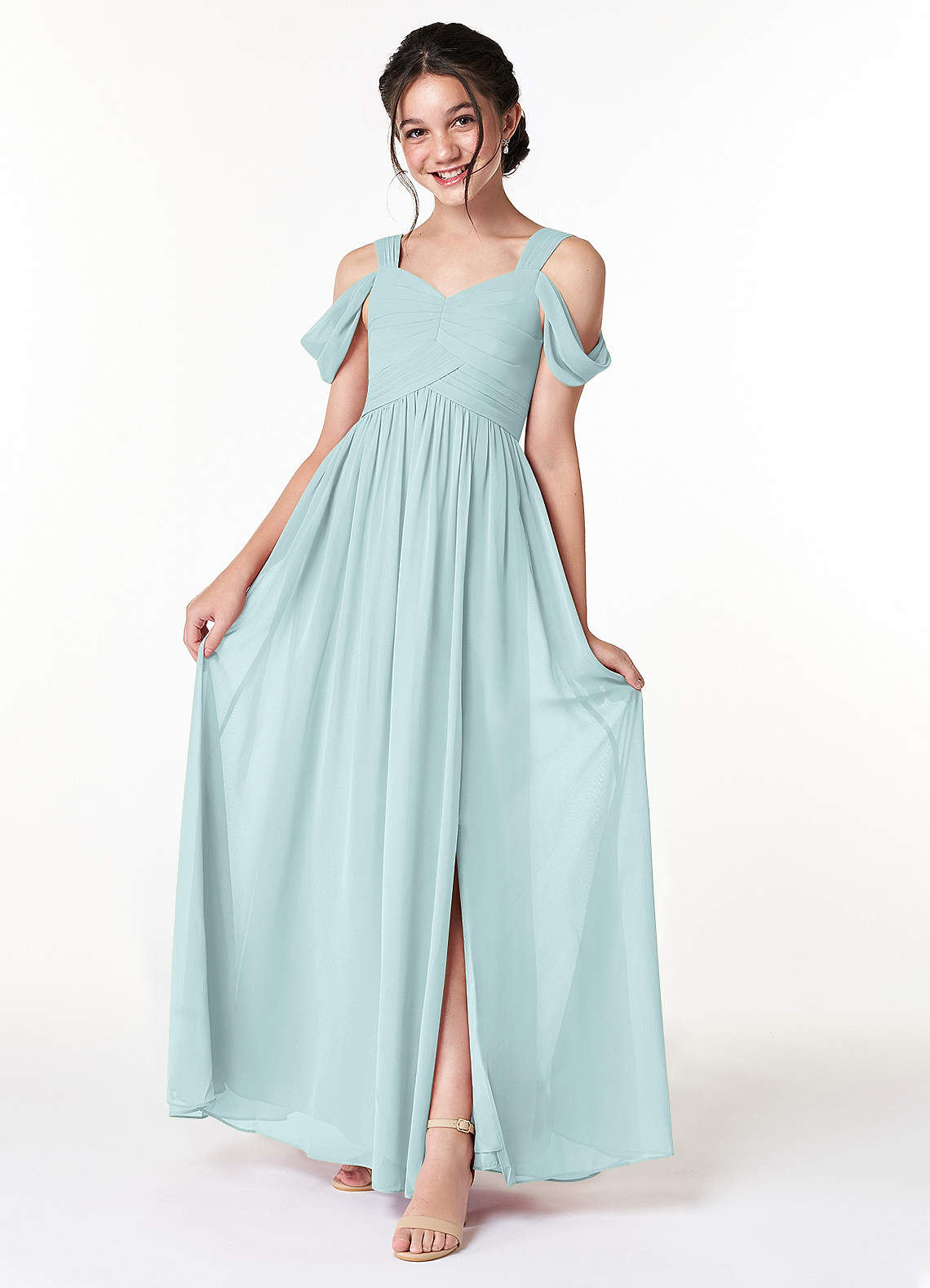 Azazie Lianne Junior A-Linie Schulterfrei Chiffon Kleid Nebel image1