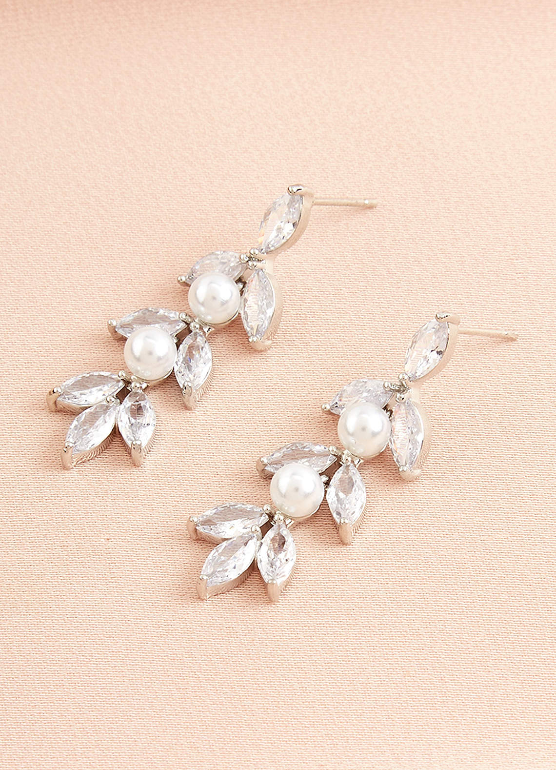 front Rhinestone Leaves and Pearls Drop Earrings