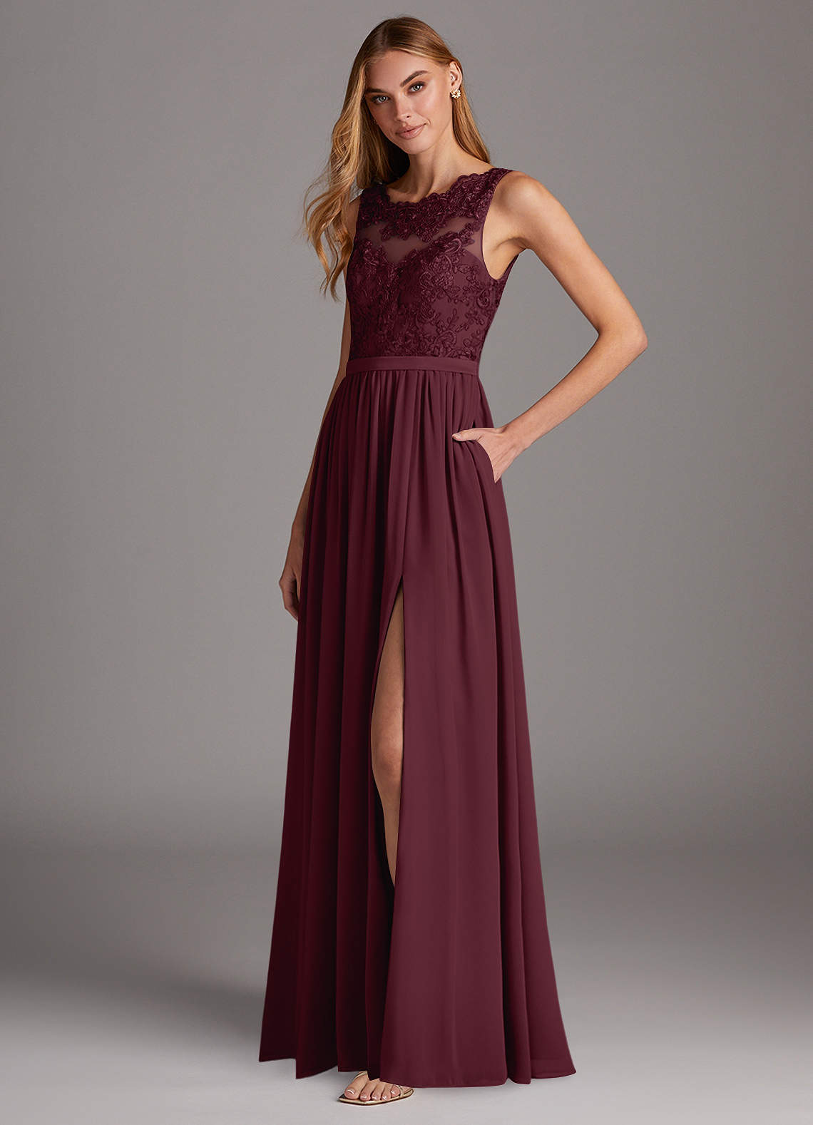 Azazie Elly Bridesmaid Dresses Cabernet A-Line Lace Scoop Neck Chiffon Dress image1