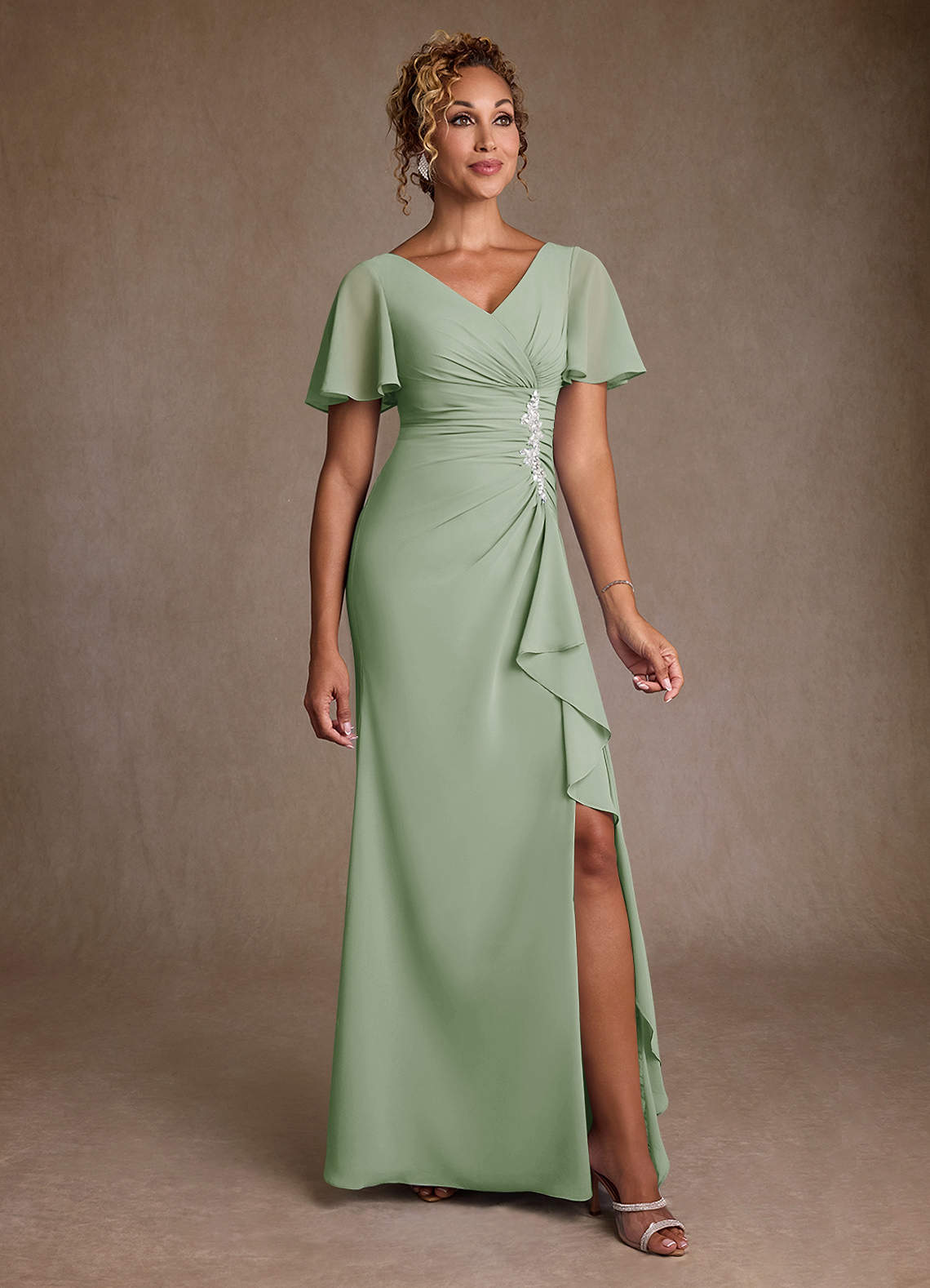 Azazie Suffolk Mother of the Bride Dresses Dusty Sage A-Line Pleated Chiffon Dress image1