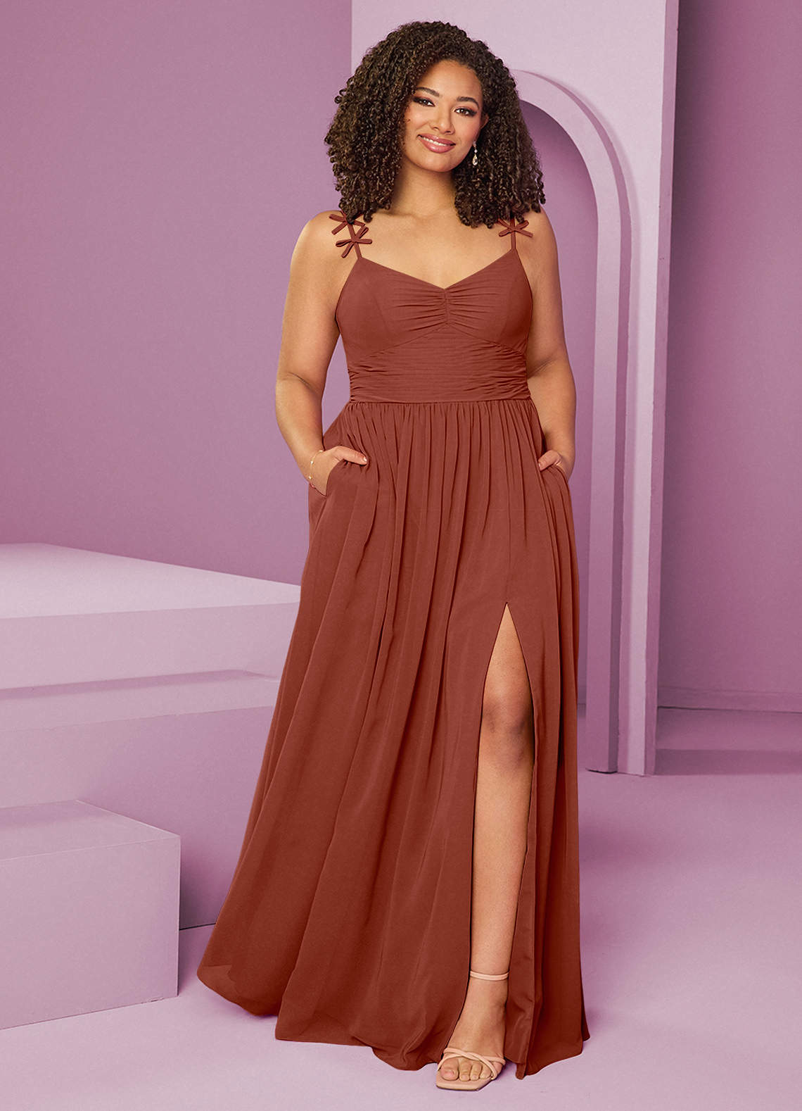 Barbie ♥ Azazie Jurken voor bruidsmeisjes Jurk van Chiffon met A-Lijn Geplooid Kastanjebruin image1
