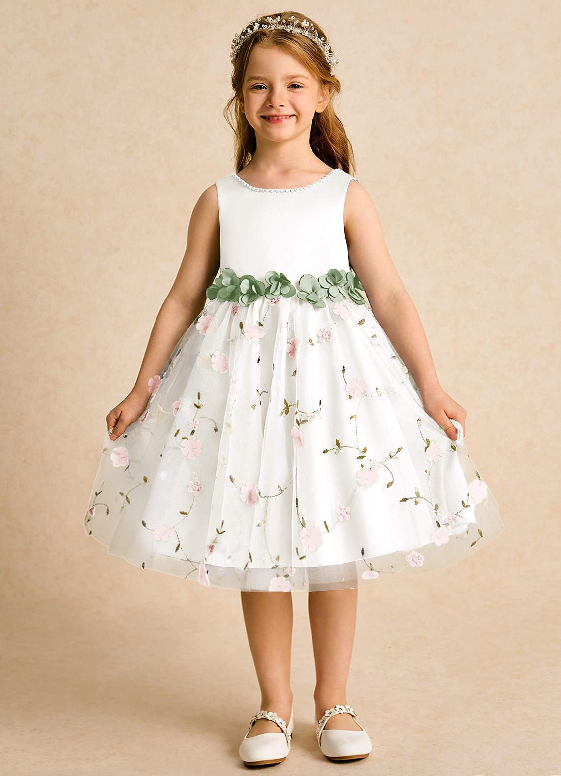 Azazie Starri vestidos de niña de las flores Vestido de Rosa Ruborizado Salvia Polvorienta de Satin Mate de Princesa con Perla image1