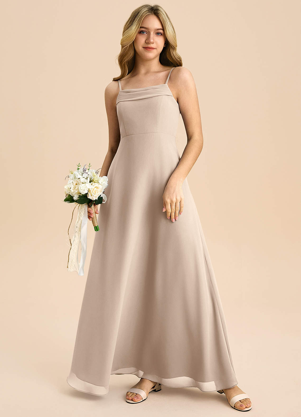 Azazie Anselie Junior A-Linie Schulterfrei Chiffon Kleid Taupe image6