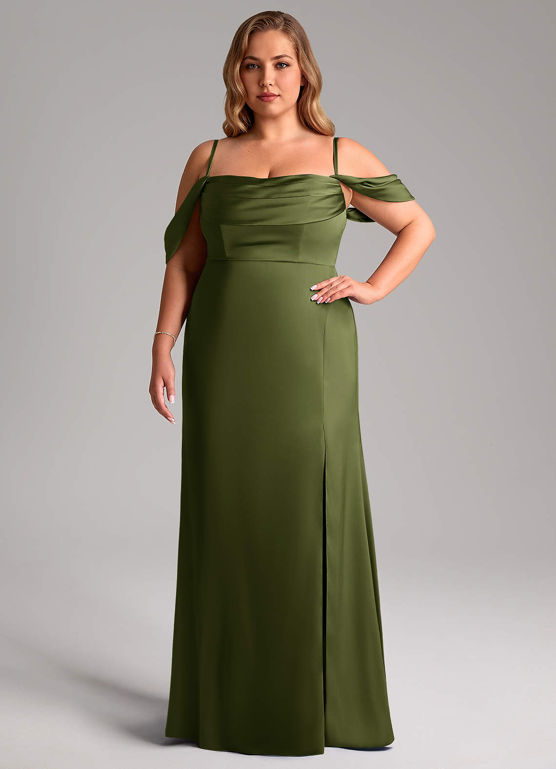 Azazie Saige Bridesmaid Dresses Olive Sheath Off the Shoulder Stretch Satin Dress image14