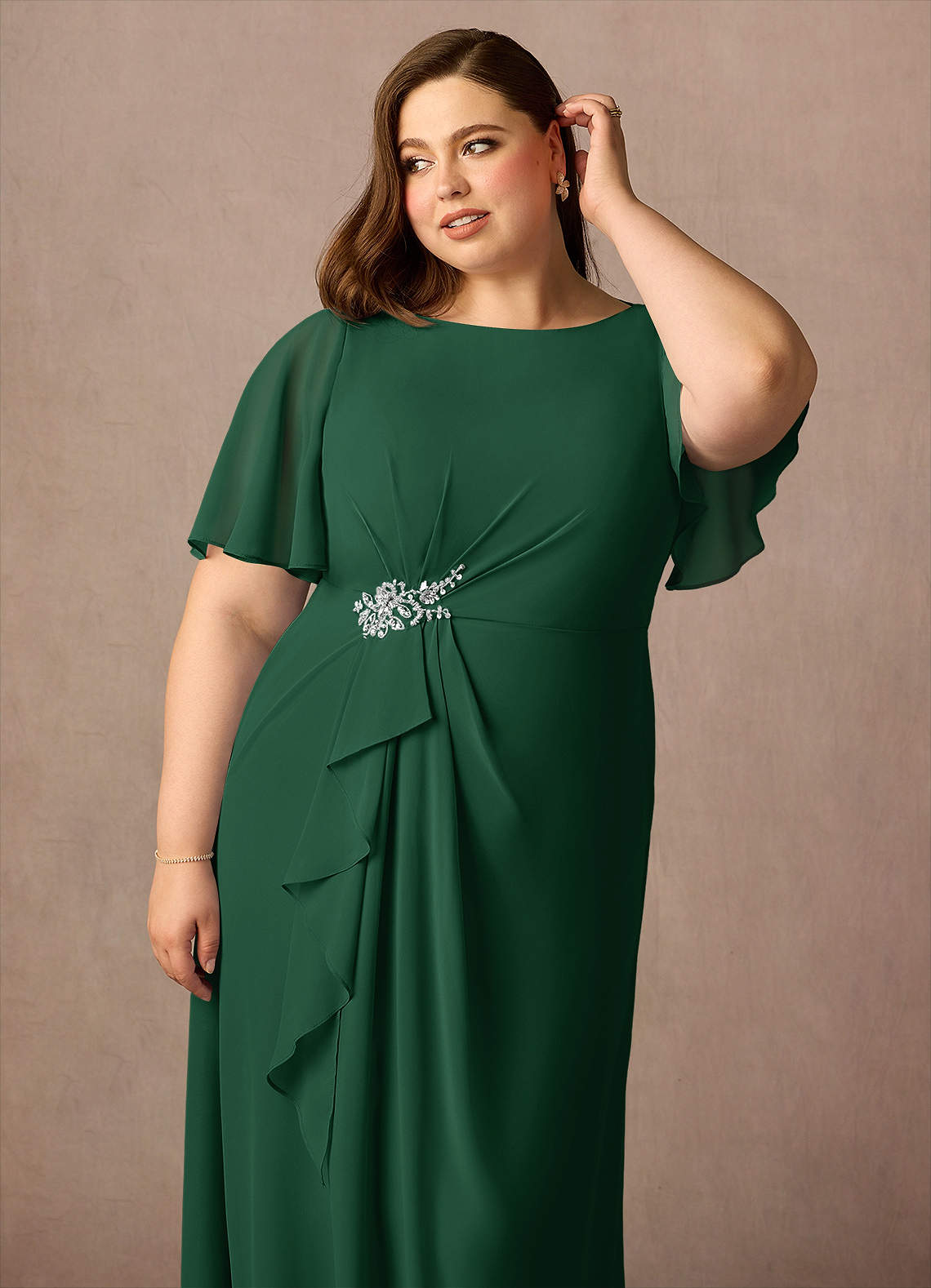 Azazie Rain Vestidos para mãe da noiva Vestido Verde Escuro de Chiffon de Bainha com Frisado image6