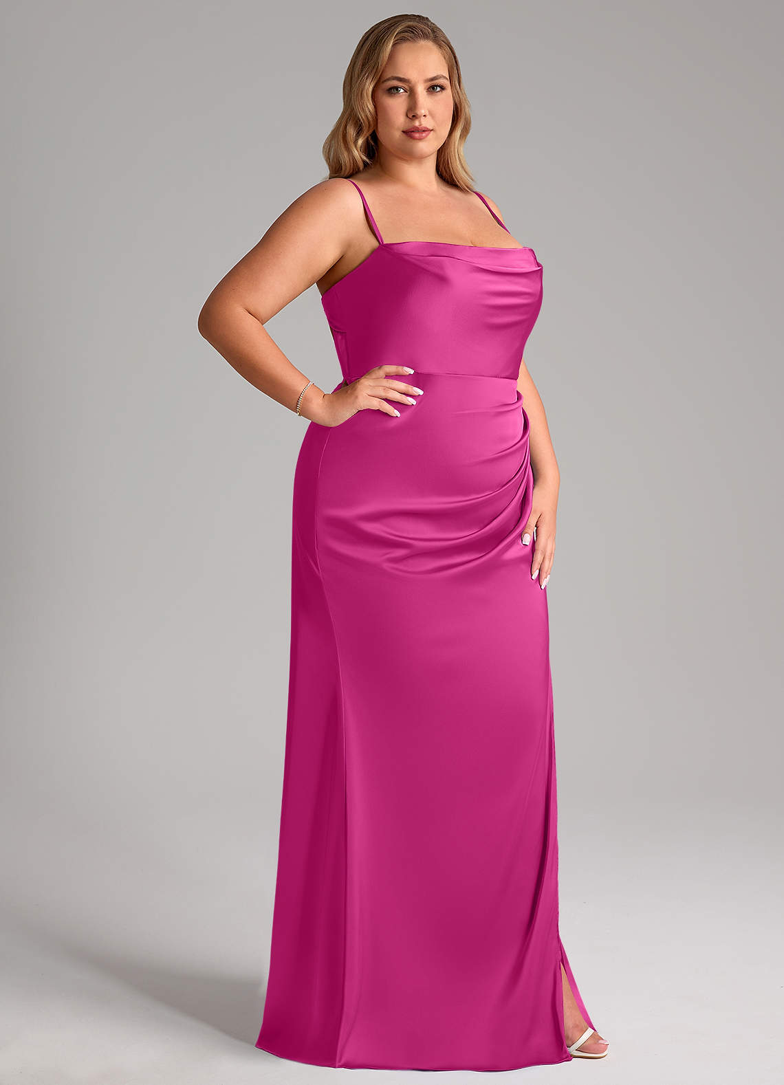 Azazie Leonis Vestidos de damas de honor Vestido de Fucsia de Satén Elástico de Corte Sirena Convertible con Plisado image12
