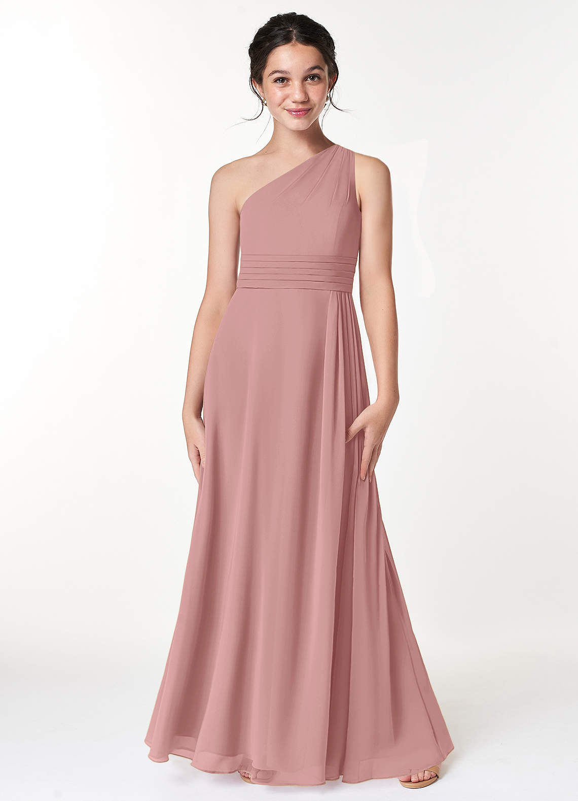 Azazie Cleo Junior Dusty Rose A-Line Pleated Chiffon Dress image1