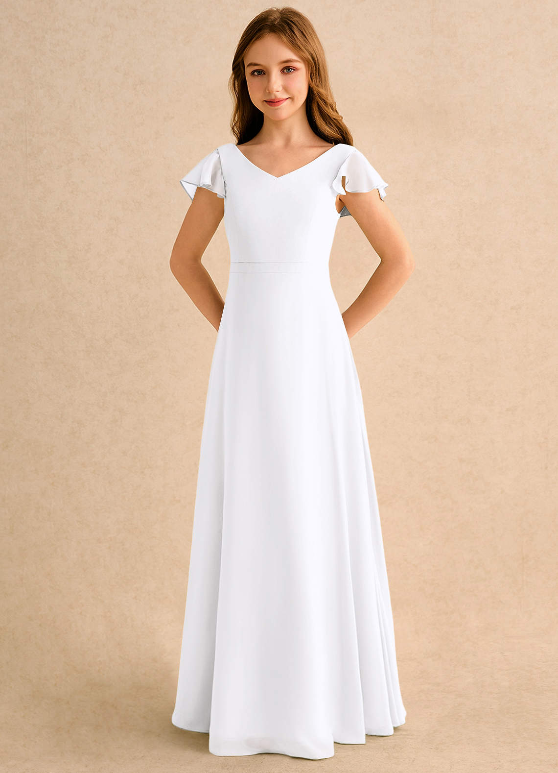 Azazie Nari Girls Formal Kukkatyttöjen mekot A-linja hihoilla Sifonki Lattian pituus Pukeutua image5