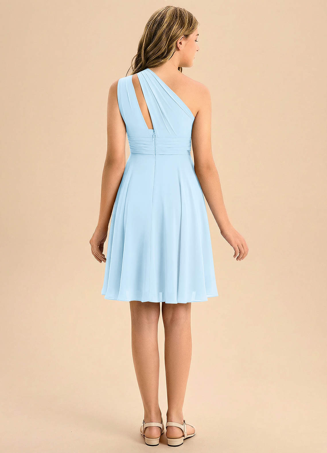 Azazie Charlize Junior A-linja Pliseerattu Sifonki Mini Nuorempi morsiusneito Pukeutua image1