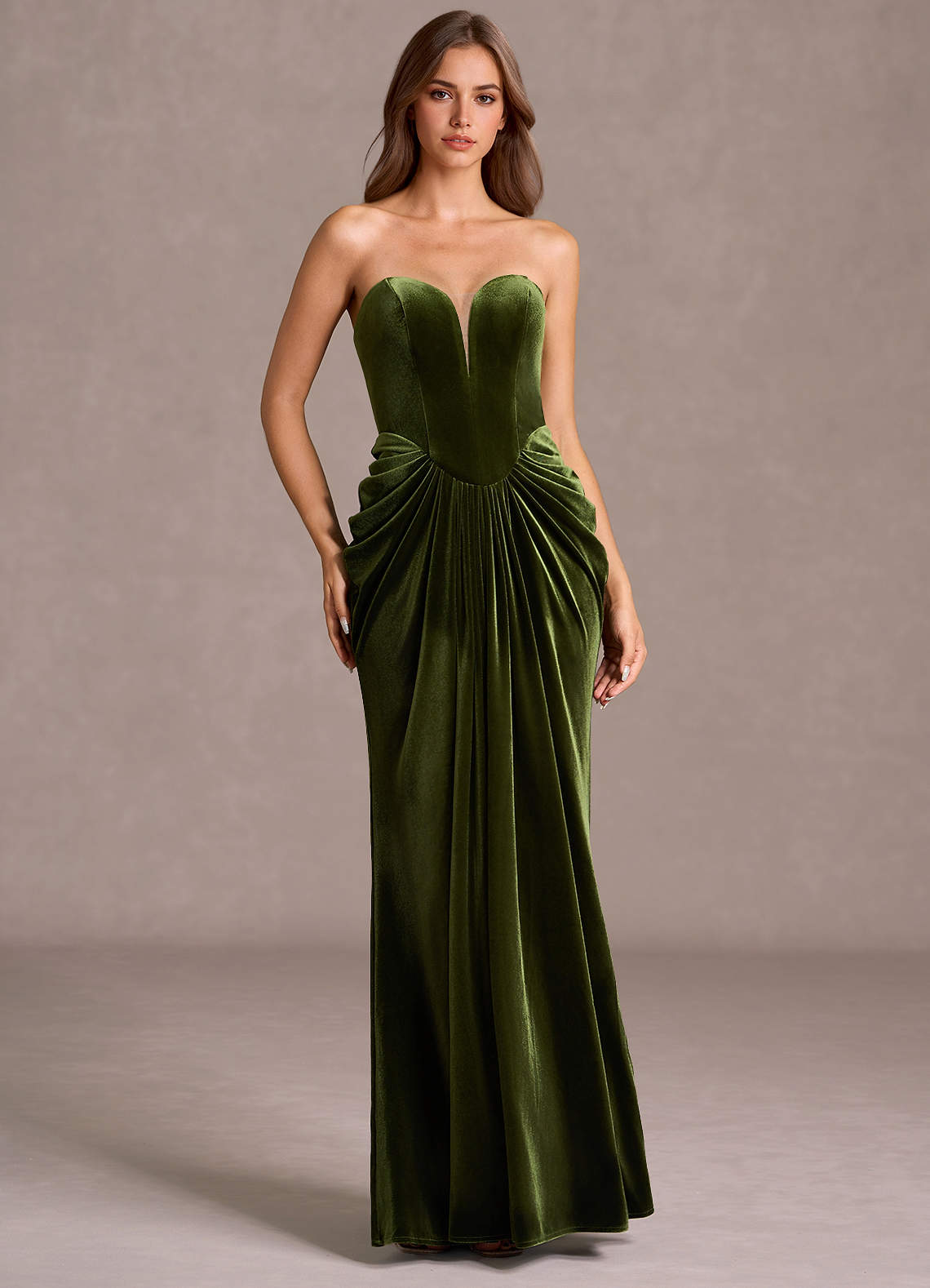 green emerald velvet dress BABARONI Sheath/Column One Shoulder Satin Prom Dress Olive Green Plus size, Olive Green / US18 main image 1