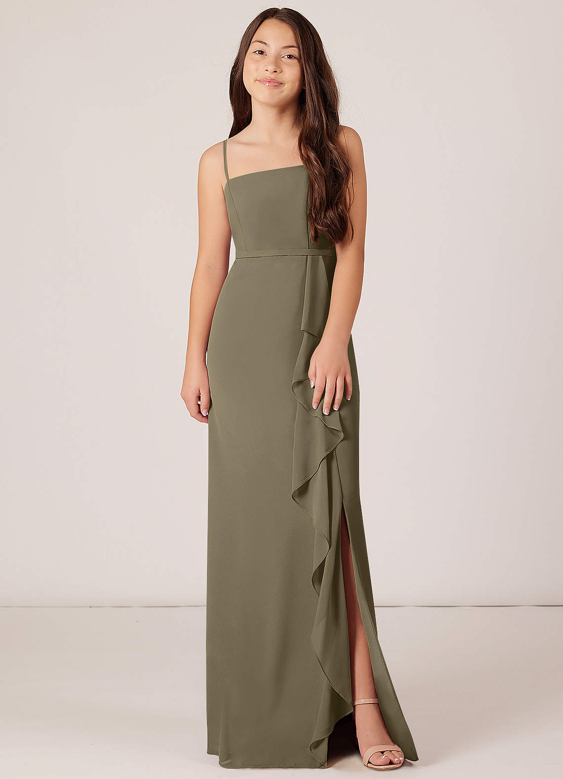 Azazie Kaylee Junior Abito A-Line in Chiffon Con Cintura Willow Green image1