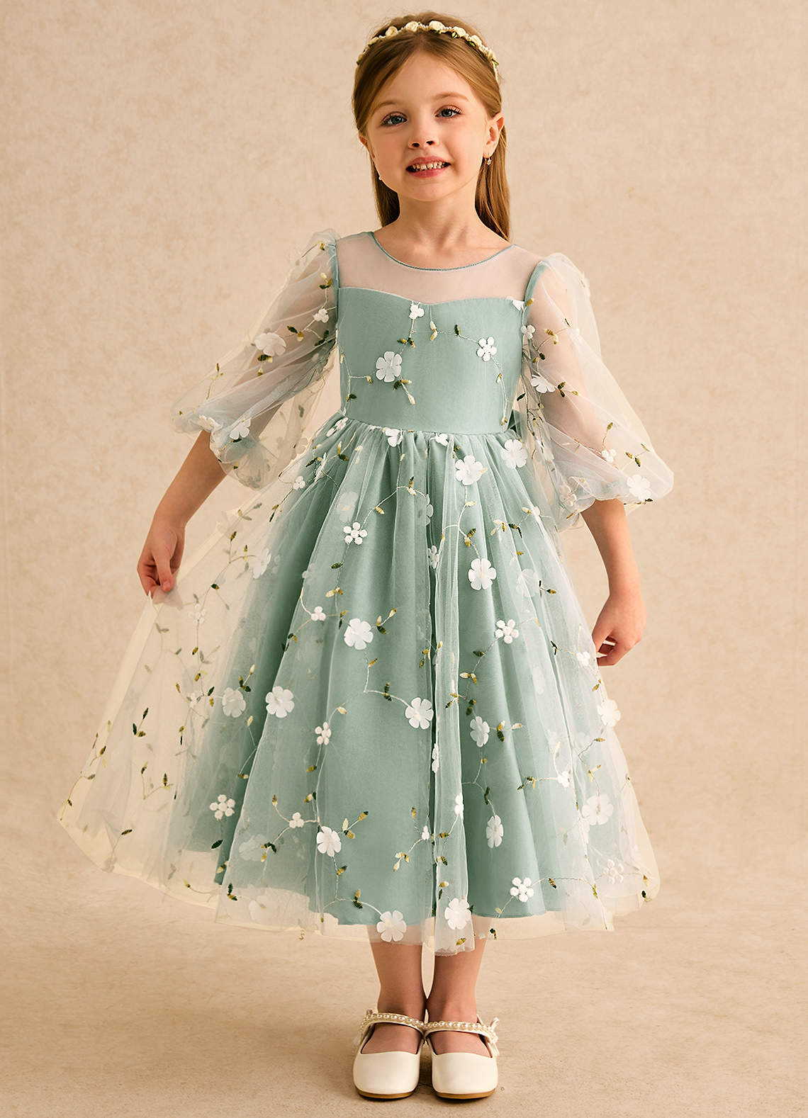 Azazie Elowen Flower Girl Dresses Matcha A-Line Sweetheart Neckline Lace Dress image1