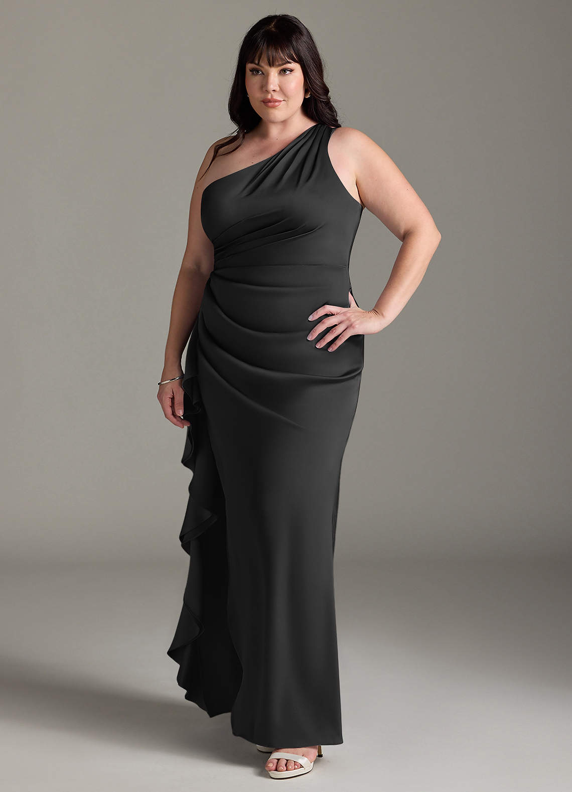 Azazie Latrice At-home Try On Dresses Black Sheath One Shoulder Cascading Ruffles Stretch Satin Dress image9