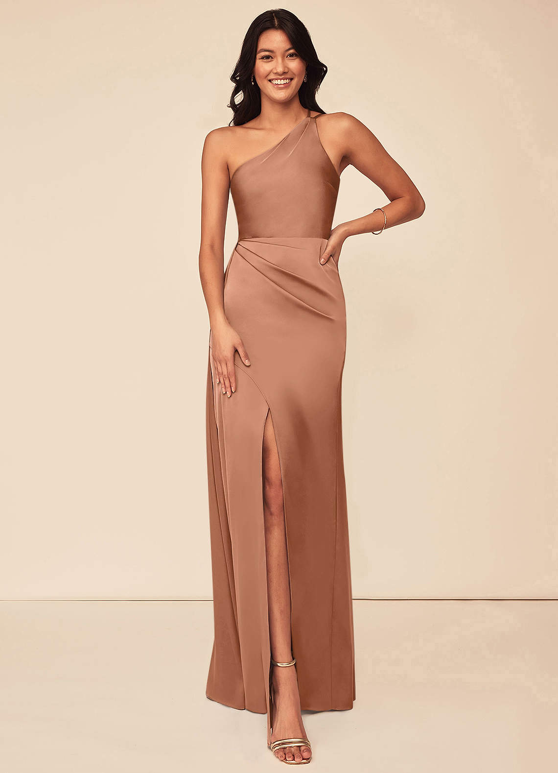 Azazie Maron Bridesmaid Dresses Bronzer A-Line One Shoulder Stretch Satin Dress image1