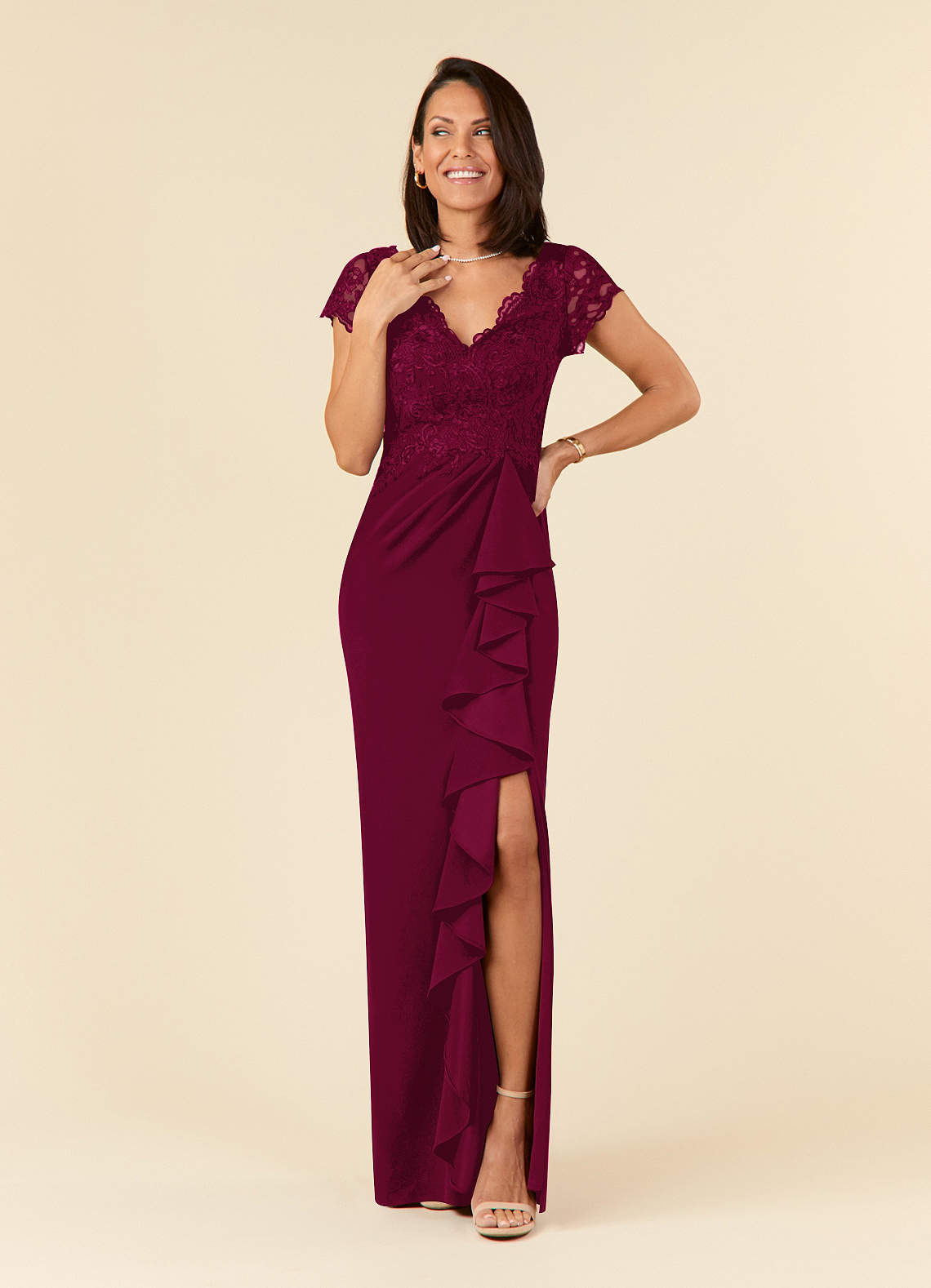 Azazie Carmen Mother of the Bride Dresses Burgundy Sheath Lace Dress image1