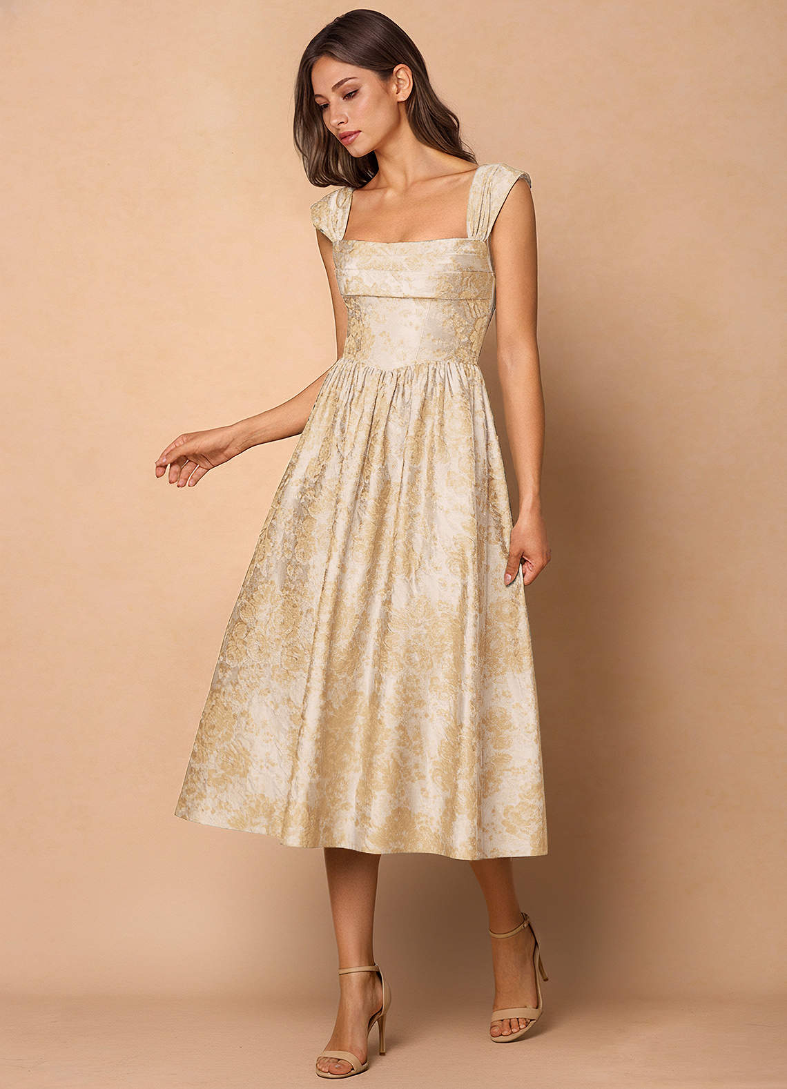sachin and babi light blue dress Women's Plus Size Ariella Puff Sleeve Print Champagne Midi Dress main image 0