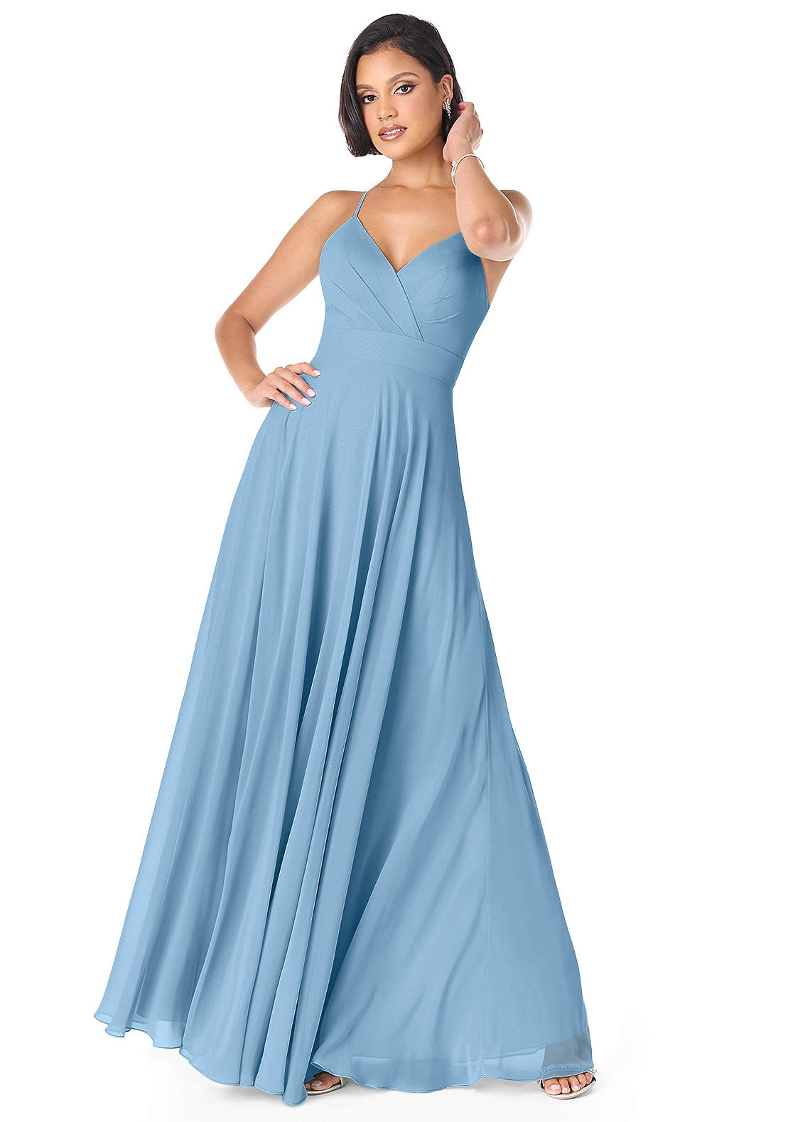 Azazie Avelina Bridesmaid Dresses Steel Blue A-Line V-Neck Pleated Chiffon Dress image1
