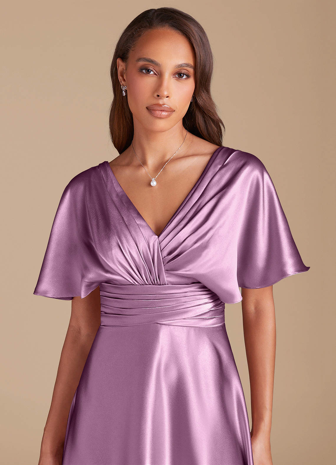 Azazie Pamela Bridesmaid Dresses Wisteria A-Line Pleated Metallic Satin Dress image1