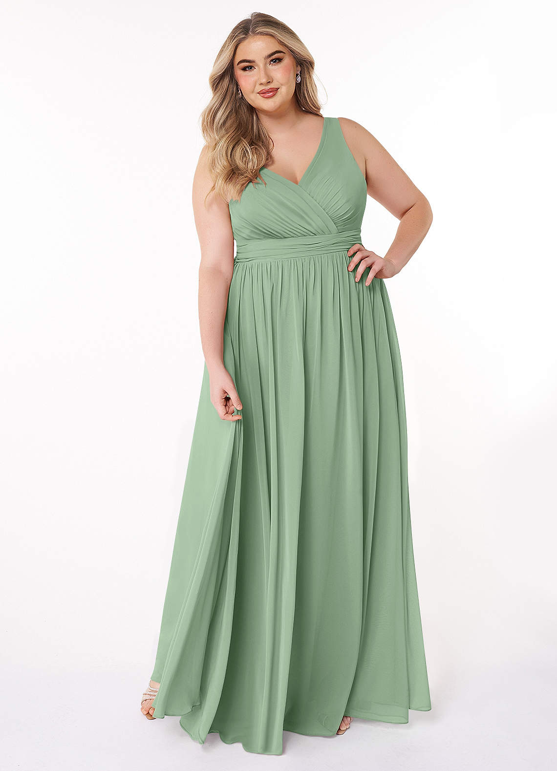 Azazie Kora At-home Try On Dresses Matcha A-Line Pleated Chiffon Dress image6