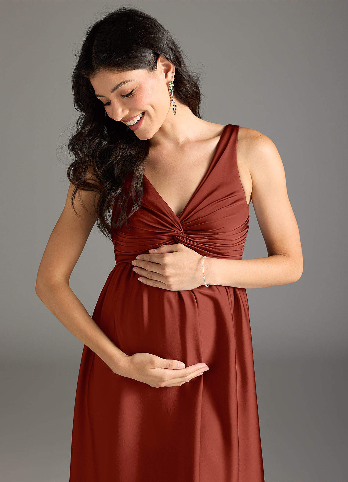 Azazie A-Line/Princess V-Neck Floor-Length Stretch Satin Maternity Bridesmaid Dresses - Terracotta Azazie A-Line/Princess V-Neck Floor-Length Stretch Satin Maternity Bridesmaid Dresses - Terracotta