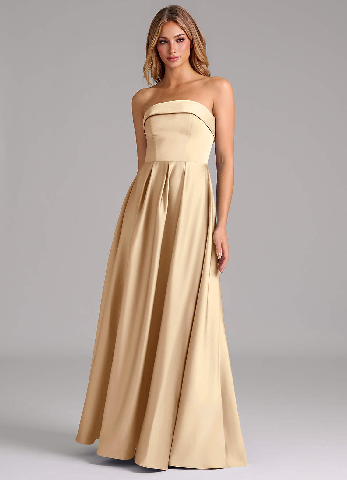 Azazie Lucienne Bridesmaid Dresses Champagne A-Line Strapless Stretch Satin Convertible Dress image1