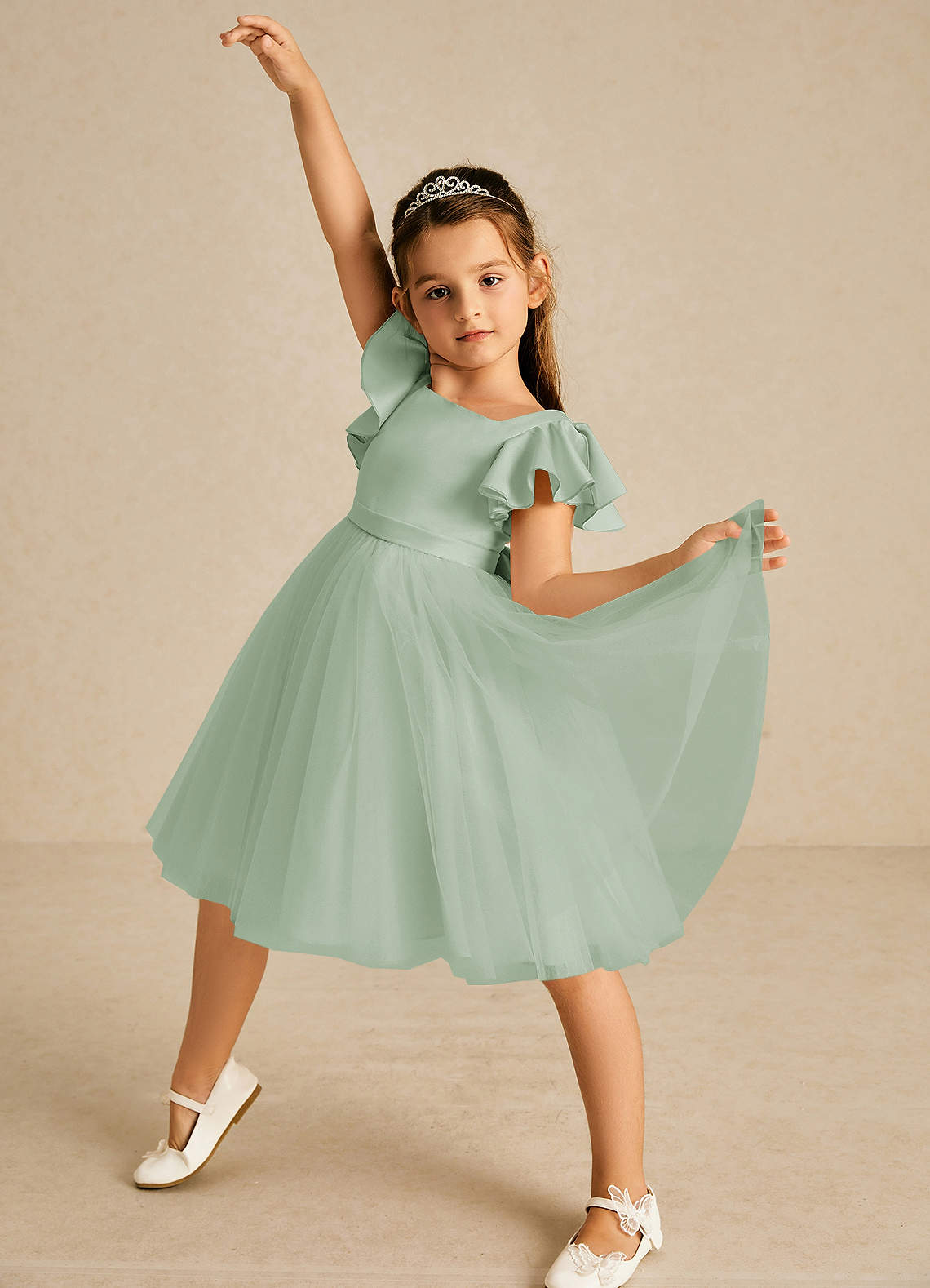 Azazie Kaeya Flower Girl Dresses Agave A-Line Bow Tulle Dress image1