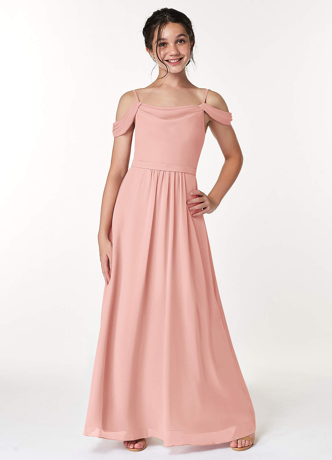 Azazie Alivia Junior Rosette A-Line Off the Shoulder Chiffon Dress image1