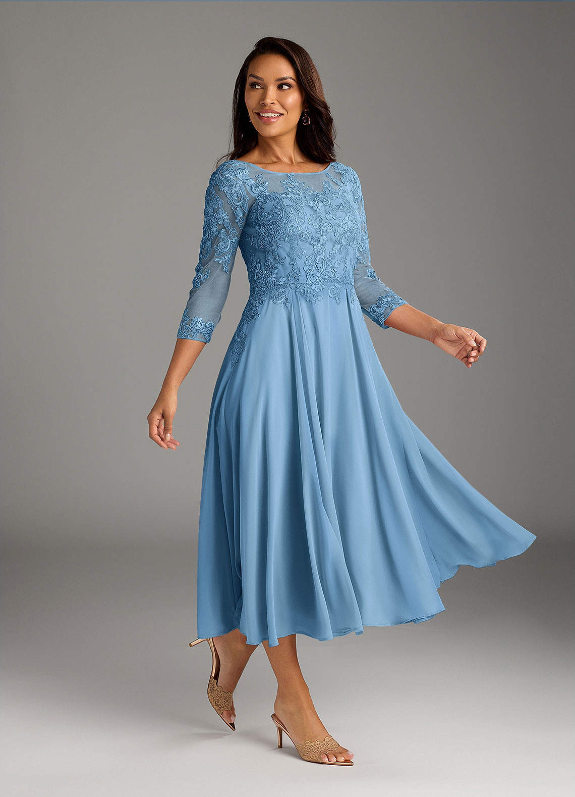 Azazie Marge Mother of the Bride Dresses Steel Blue A-Line Scoop Lace Chiffon Dress image1