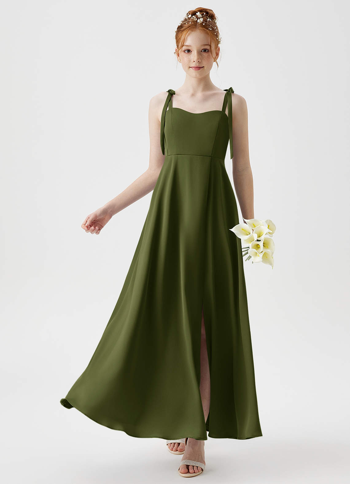 Azazie Rosey Junior A라인 스윗하트 네크라인 스트레치 새틴 플로어 길이 주니어 신부 들러리 드레스 image1