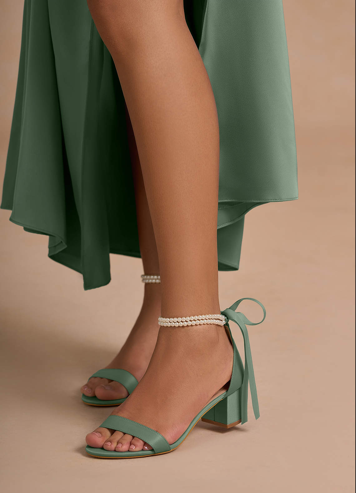 front Matching Color Matte Satin Pearl and Bow Open Toe Chunky Heel Sandals
