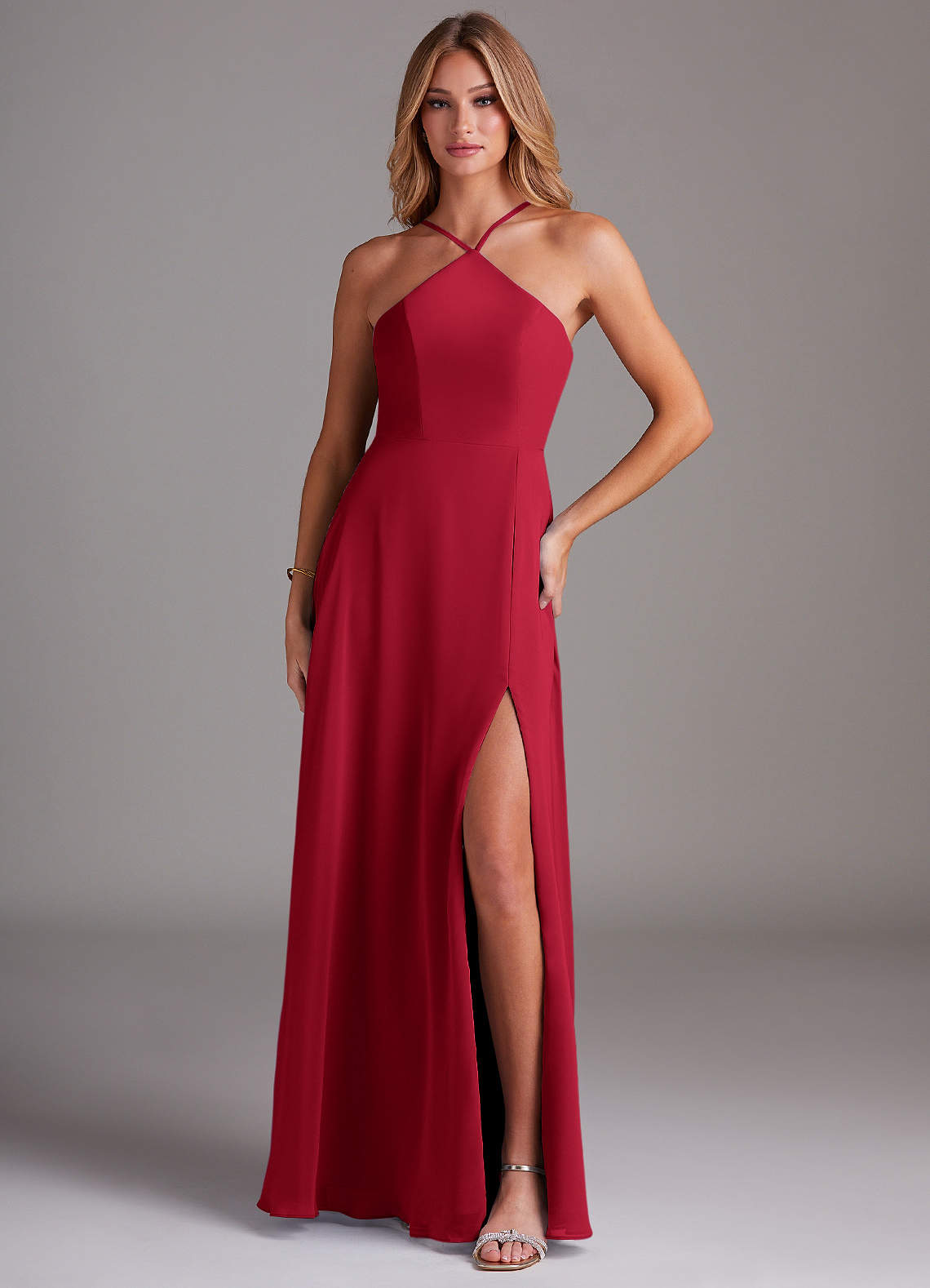 Azazie Bailey Abiti da Damigella Abito A-Line in Chiffon con Scollo Halter e Spacco Laterale Scarlatto image1