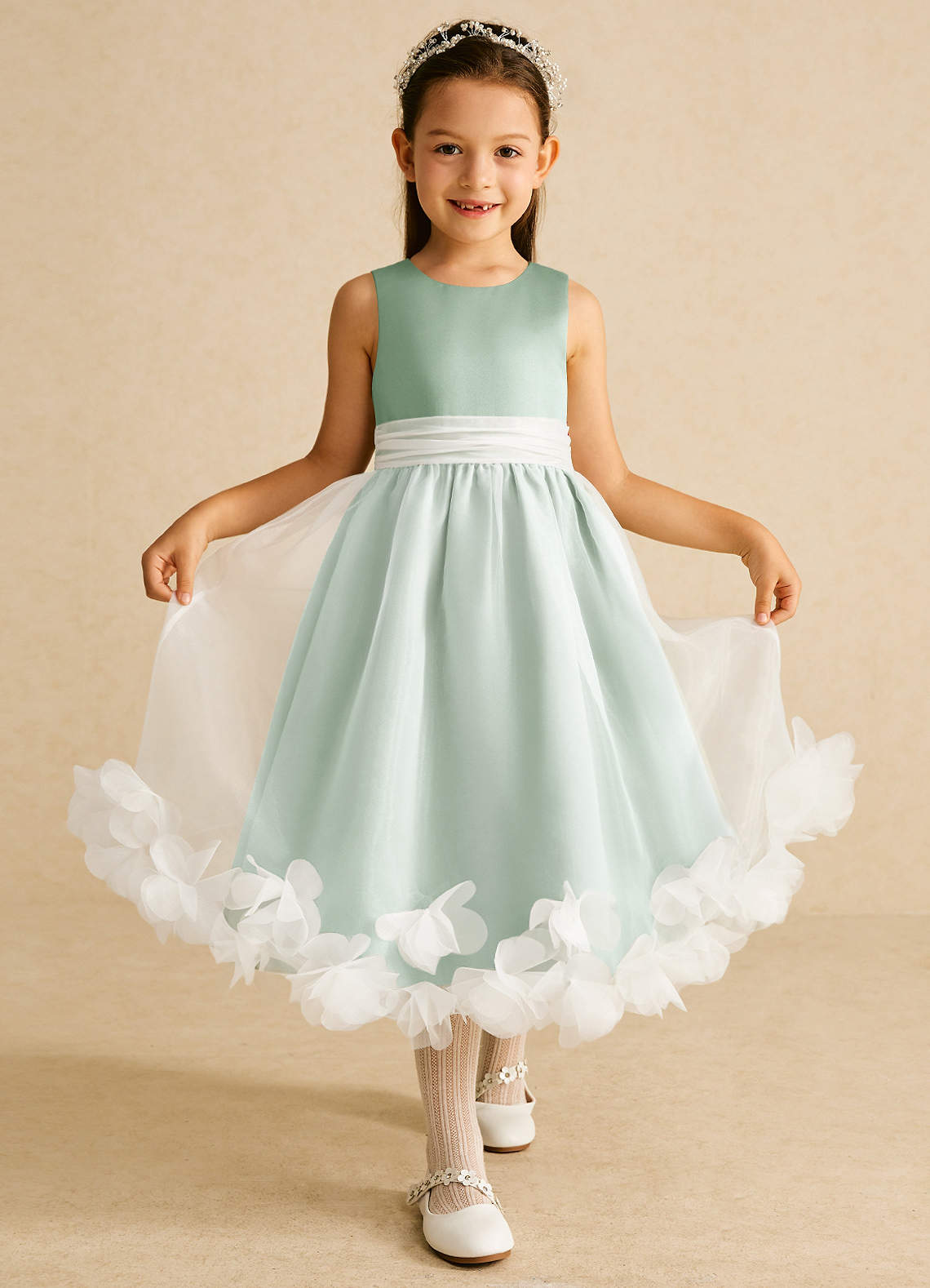 Azazie Stardust Flower Girl Dresses Agave A-Line Sleeveless Organza Dress image1