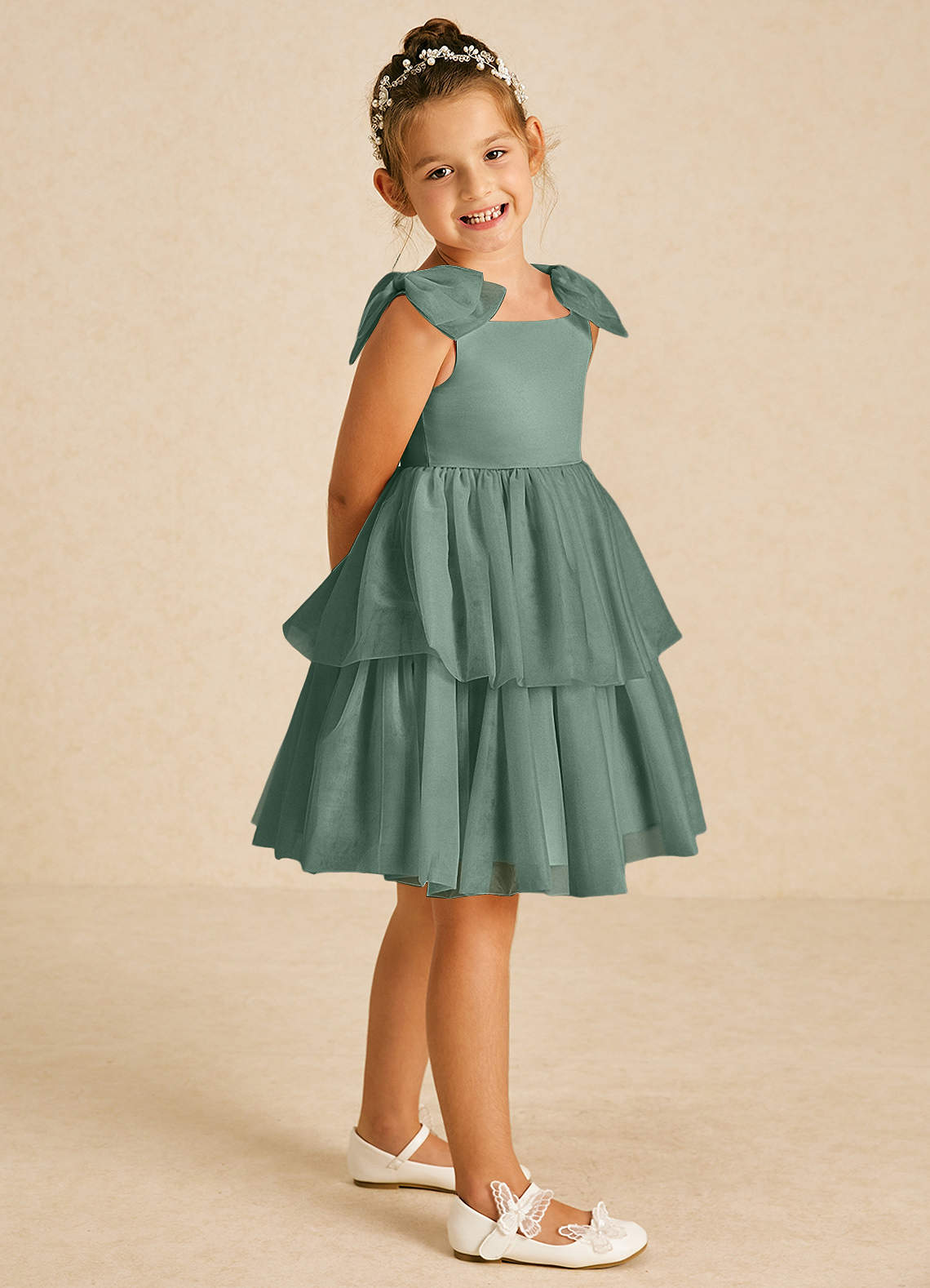 Azazie Vanellope Flower Girl Dresses Eucalyptus A-Line Bow Tulle Dress image1