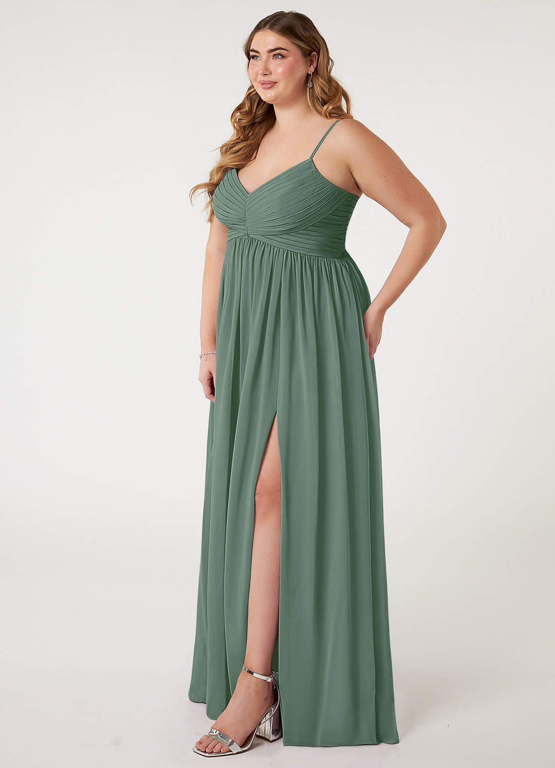 Azazie Alia Bridesmaid Dresses Eucalyptus A-Line Pleated Chiffon Dress image7