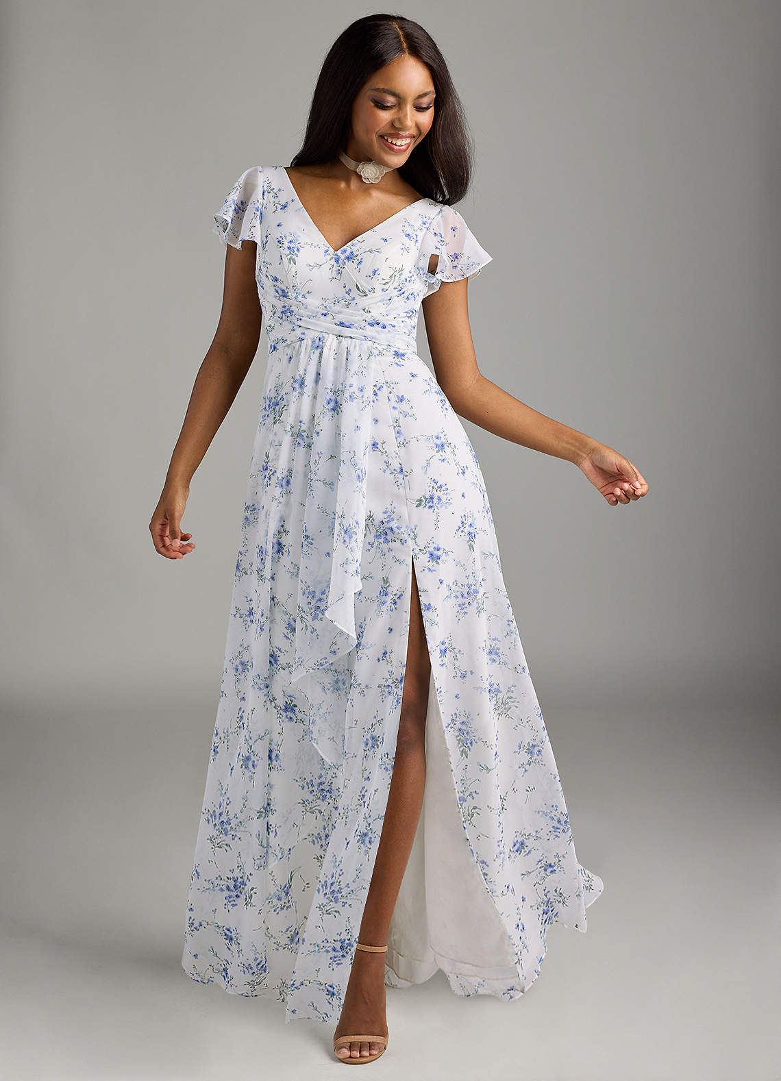 Azazie Omari Bridesmaid Dresses Blue Cottage Floral A-Line Chiffon Dress image1