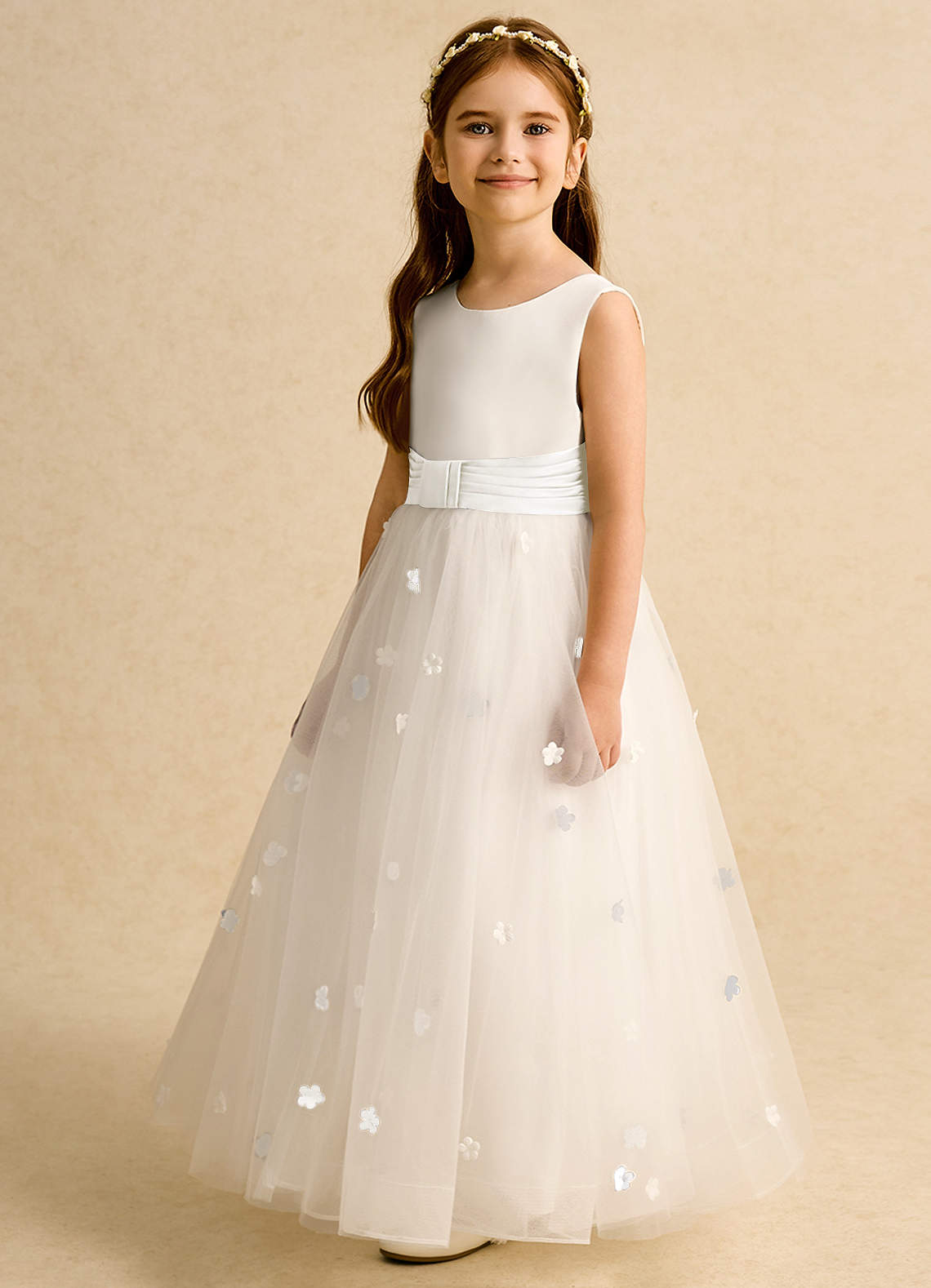 Azazie Cricket Flower Girl Dresses Ivory Ball-Gown Pleated Matte Satin Dress image4
